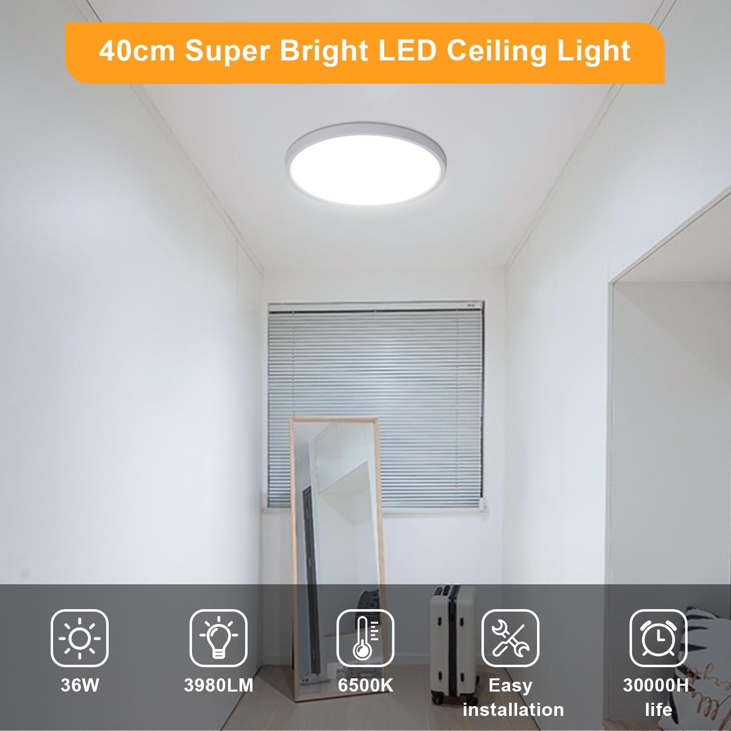 Ceiling Light - White Plastic Frame, White Light