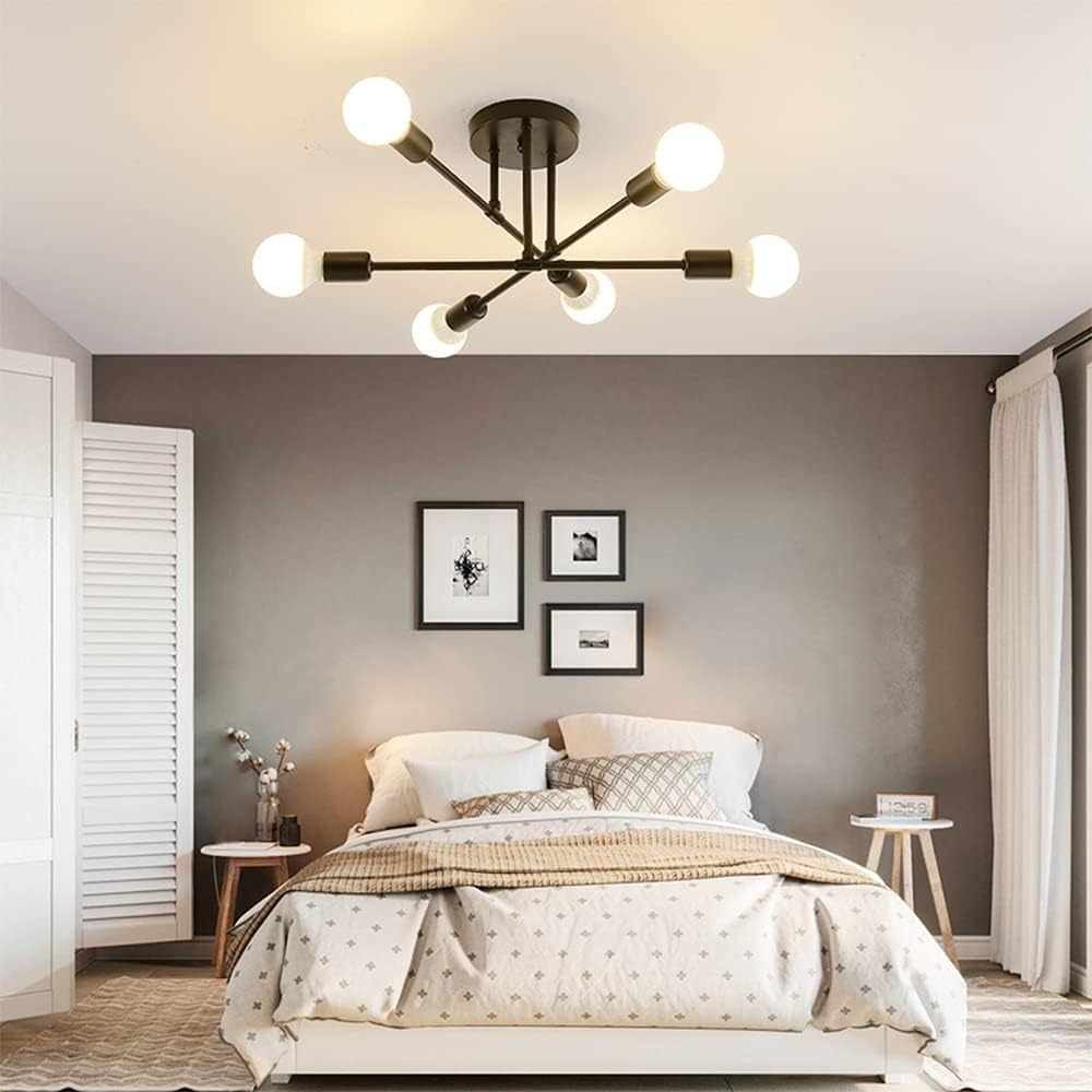 Comely E27 Plafonnier Industriel Noir, Réglable 6 Lumières Sputnik Lustre, E27 Base Lampe de Plafond Vintage en Metal pour Salon, Chambre, Cuisine, Bar, Café