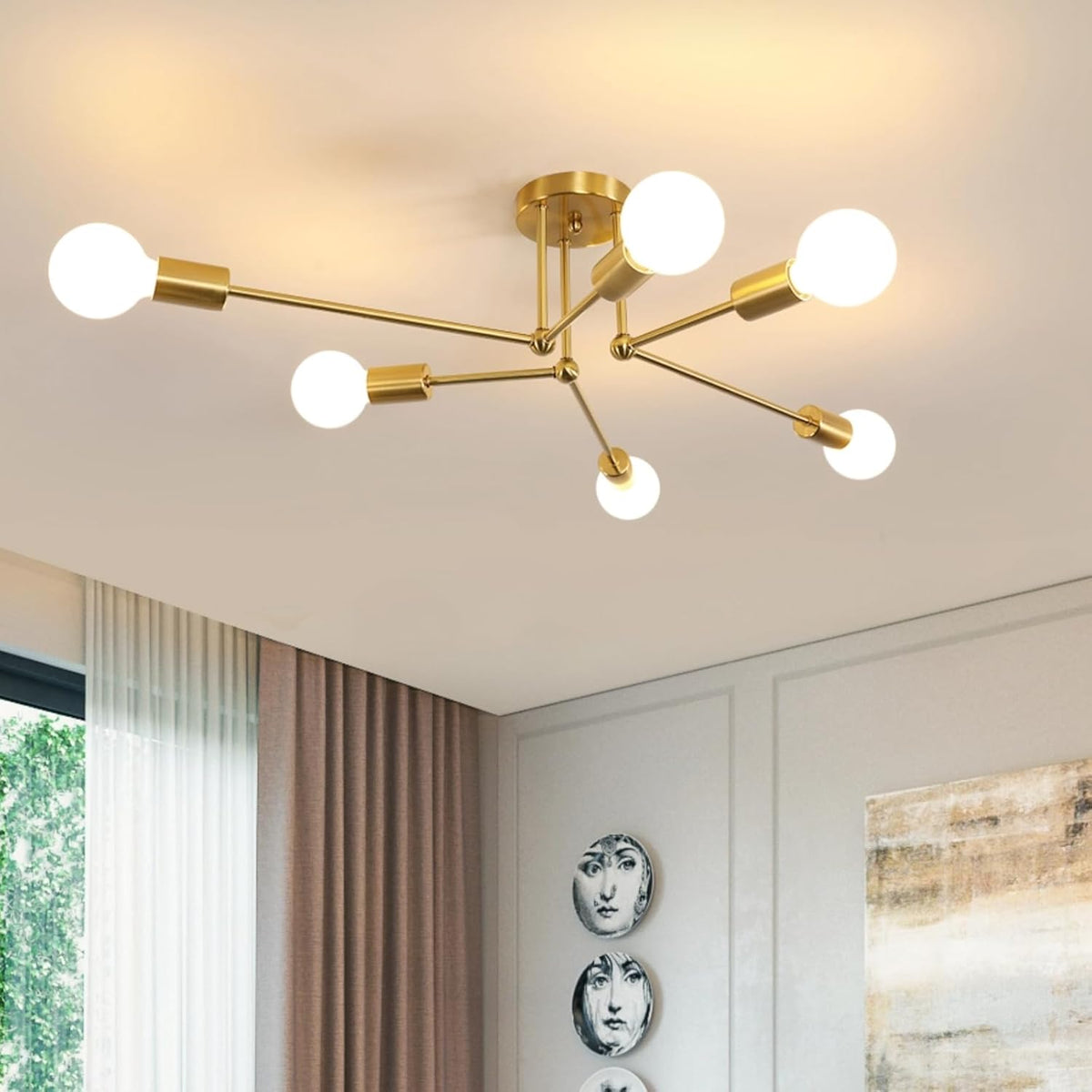 Comely Sputnik Kronleuchter Lichter, Vintage 6 Flammig Industrielle Deckenlampe aus Golden, E27 Retro Deckenleuchte Lampe mit f¨¹r Wohnzimmer, Schlafzimmer, Gold, Durchmesser 70cm (ohne Gl¨¹hbirne)