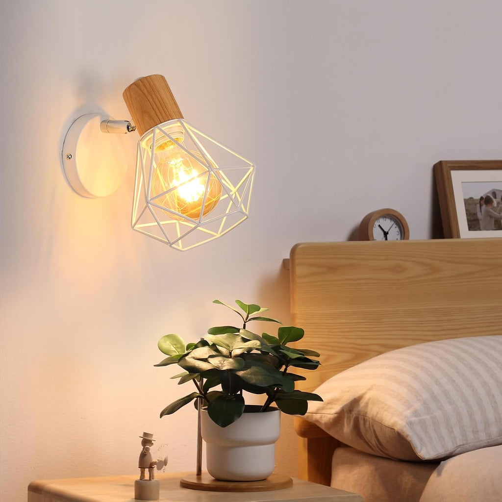 Comely Applique Murale Interieur Vintage, Réglable 180° Moderne Lampe Murale en Bois Métal, Rétro E27 Luminaire Applique Interieur pour Chambre Couloir Salon Cuisine, Blanc