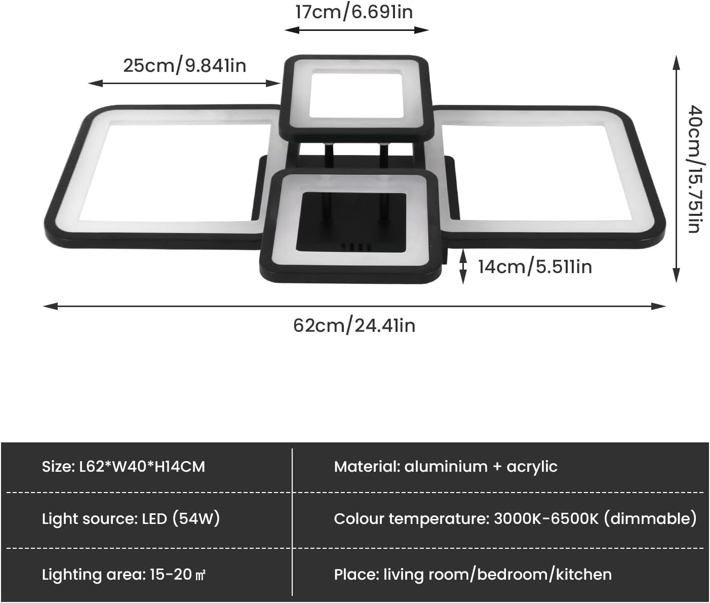 Ceiling Light - Black Acrylic Frame, Tunable and Dimmable