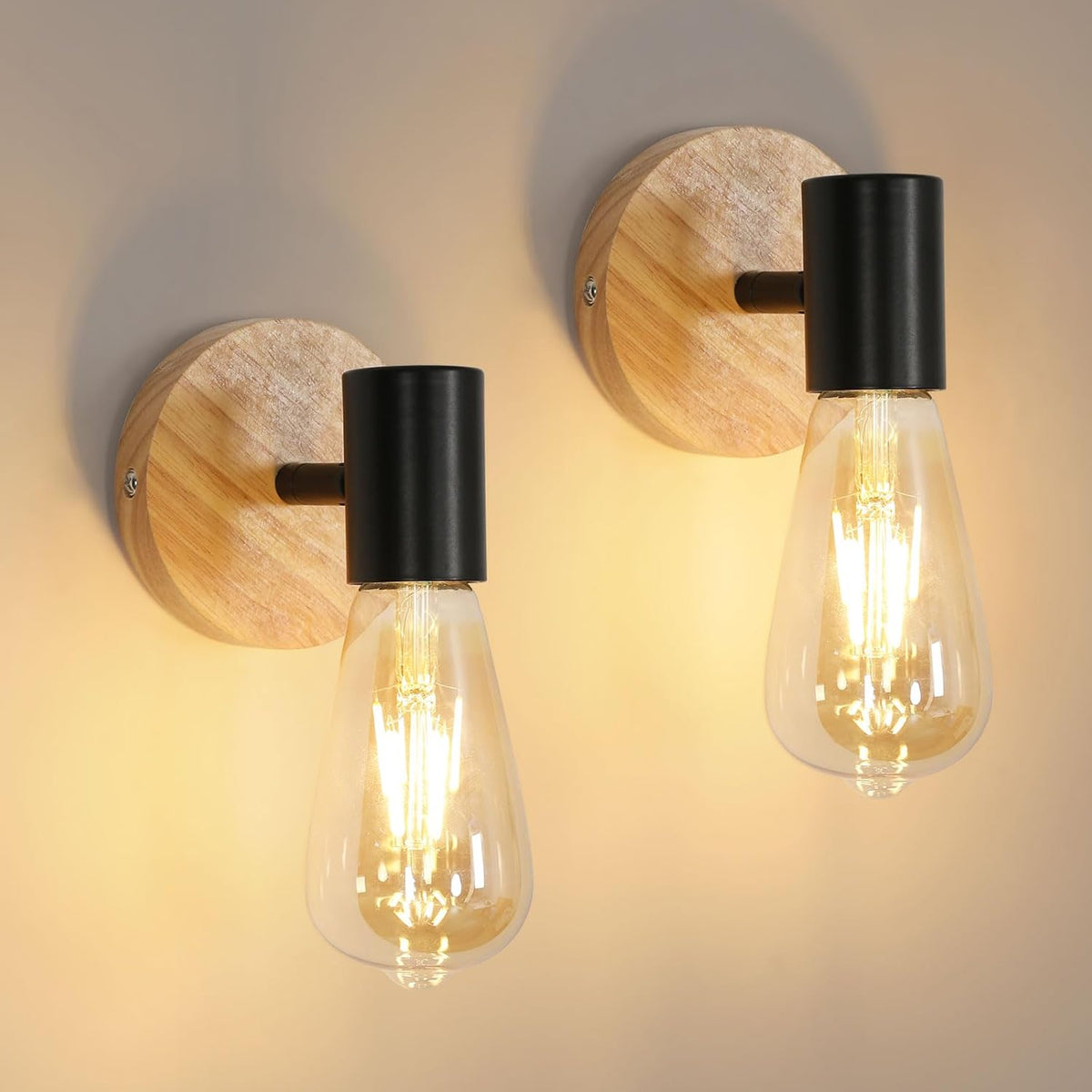 Comely 2 St¨¹ck Wandleuchte Vintage, Retro Wandlampe aus H?lzern Schwarz E27, Industrial Wandleuchte Innen f¨¹r Schlafzimmer, Wohnzimmer, Treppen, Flur (ohne Leuchtmittel)