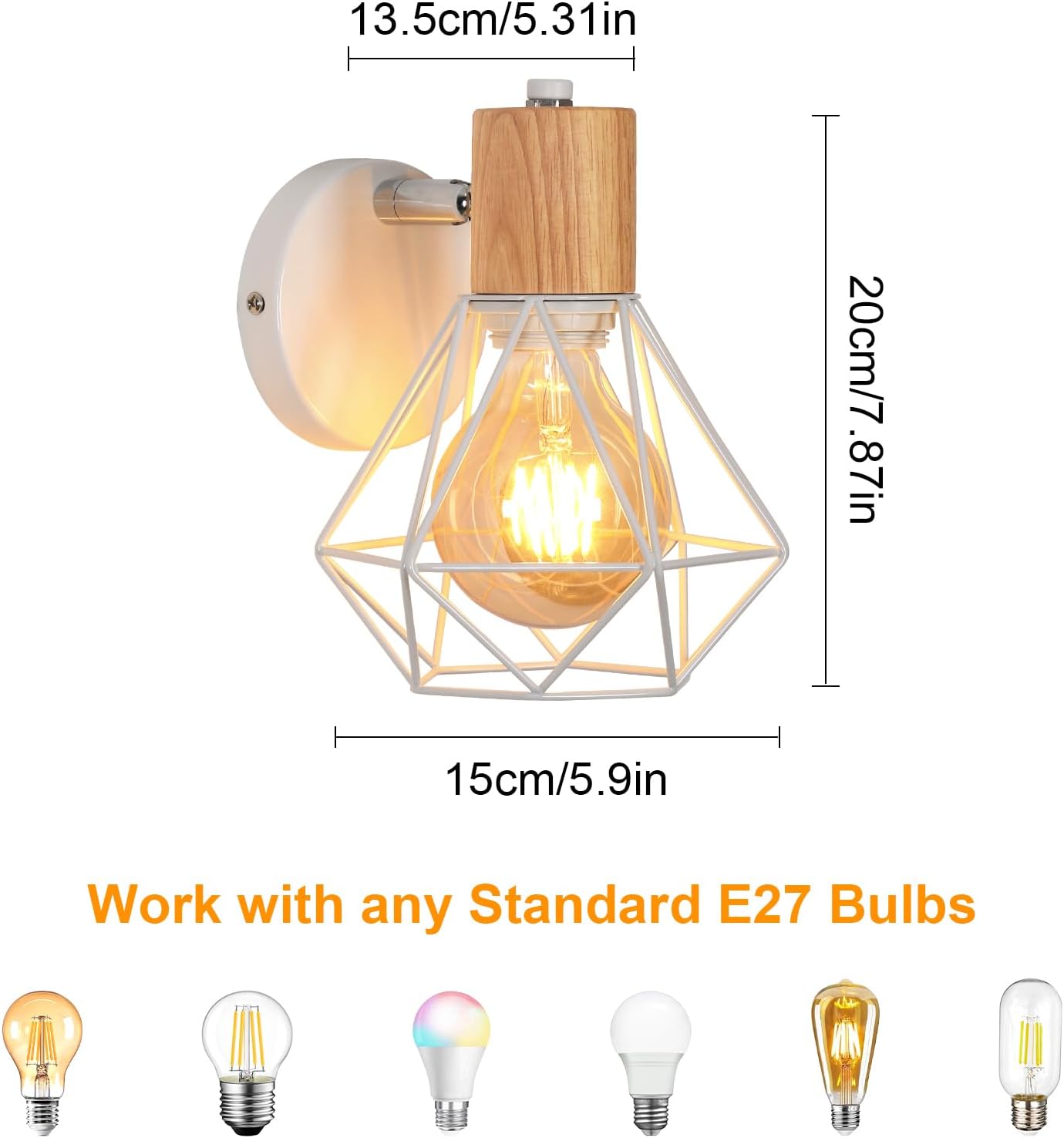 Comely Applique Murale Interieur Vintage, Réglable 180° Moderne Lampe Murale en Bois Métal, Rétro E27 Luminaire Applique Interieur pour Chambre Couloir Salon Cuisine, Blanc