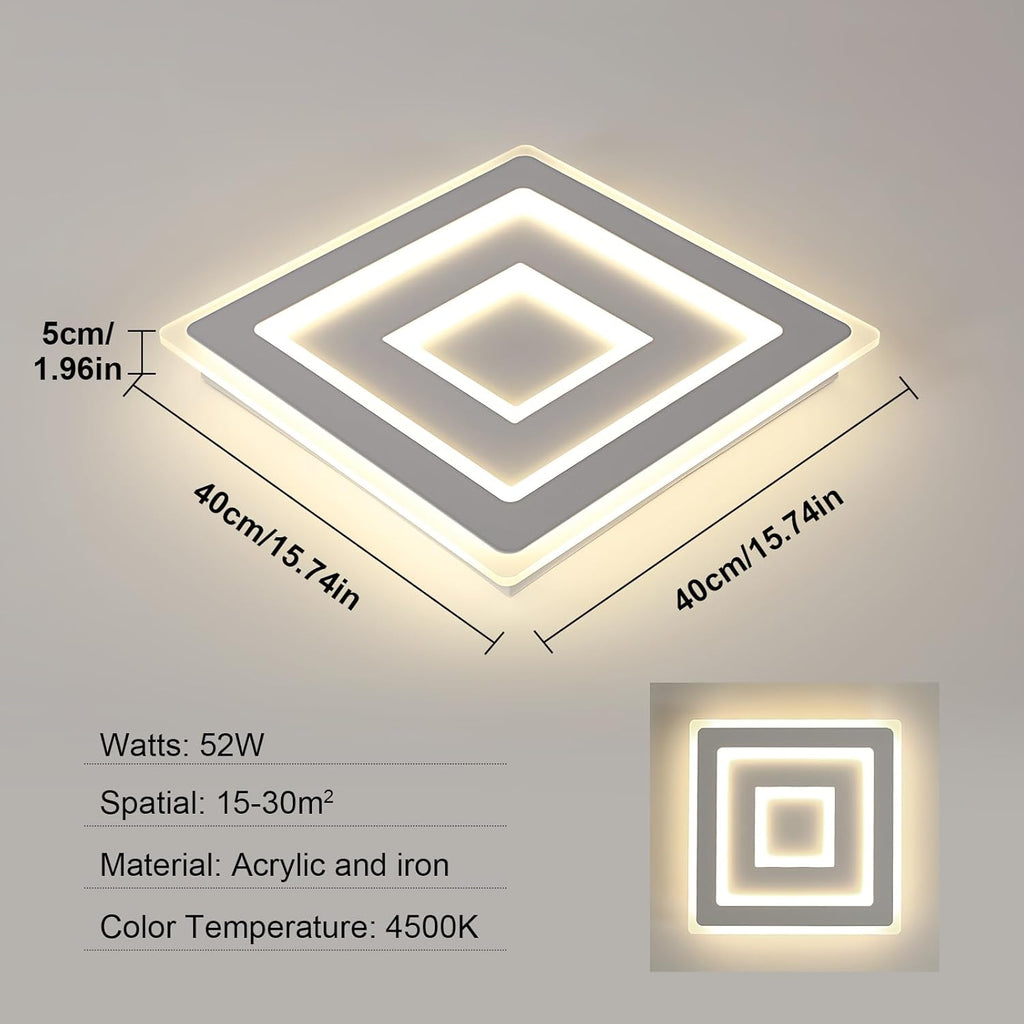 Comely Plafonnier LED Carré Moderne, 52W Lampe de Plafond LED, Acrylique Luminaire Plafonnier Intérieur Blanc pour Chambre à Coucher, Salon, Couloir, Lumière Naturelle 4500K, 40cm