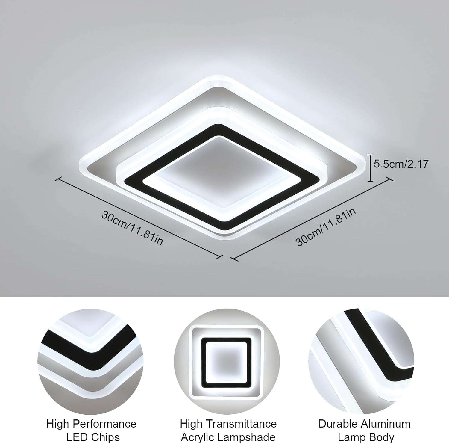 Ceiling Light - Black & White Acrylic Frame, White Light