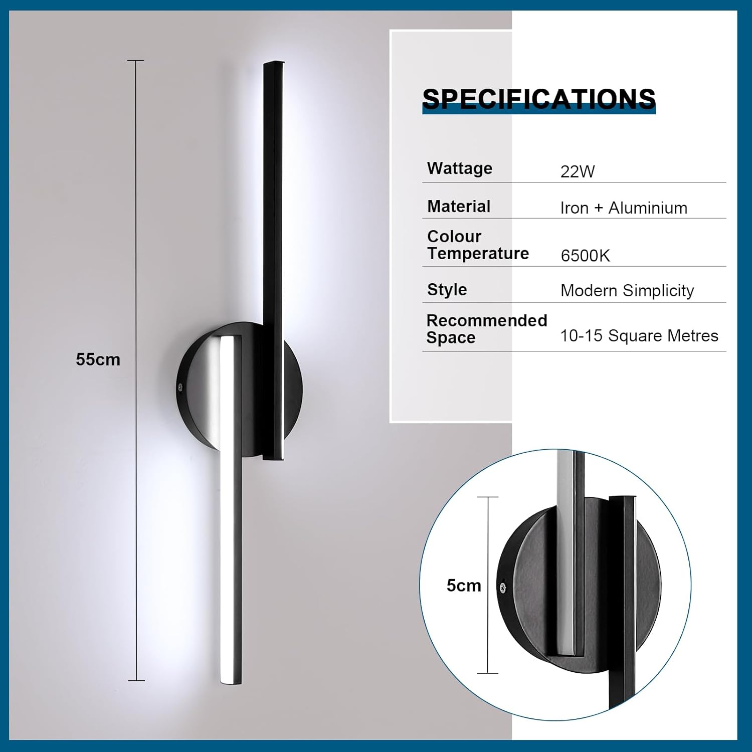 Wall Light - Black Aluminium Frame, White Light