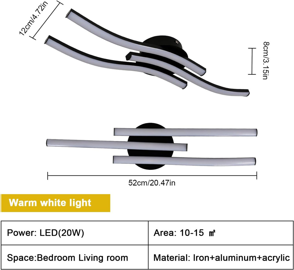 Comely Plafonnier LED, 3 Ondes Design 20W 2050LM Lampe de Plafond LED Moderne, Noir Luminaire Plafonnier LED Blanc Chaud 3000K pour Salon, Chambre, Cuisine, Couloir