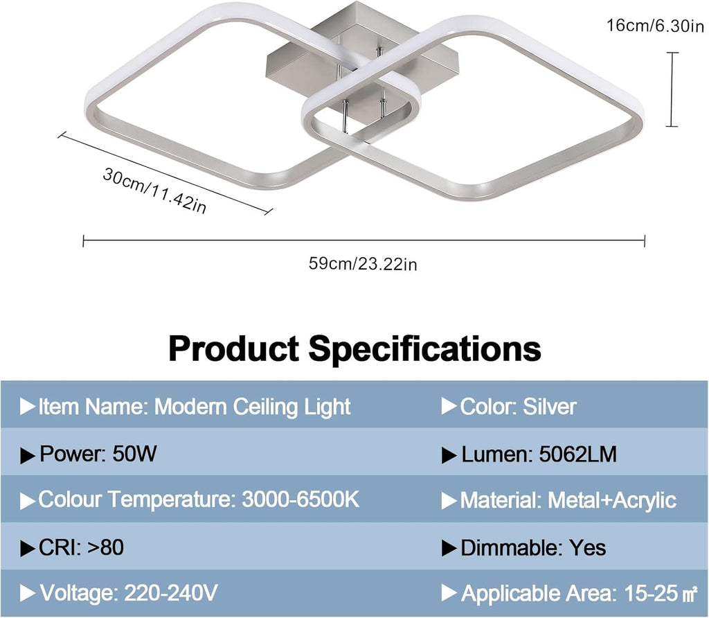 Ceiling Light - Silver Aluminium Frame, Tunable and Dimmable