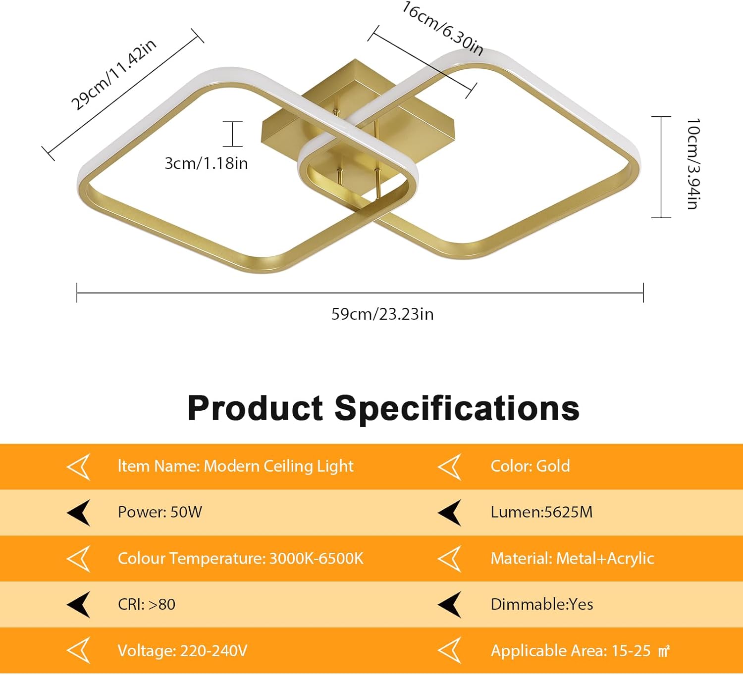 Ceiling Light - Gold Aluminium Frame, Tunable and Dimmable