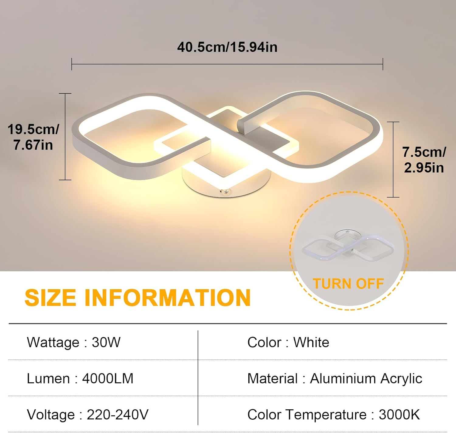 Comely Plafonnier LED Carré Moderne, 36W 4050LM 40.5cm Lampe de Plafond LED, Acrylique Luminaire Plafonnier Intérieur Blanc pour Chambre à Coucher, Salon, Couloir, Lumière Chaude 3000K