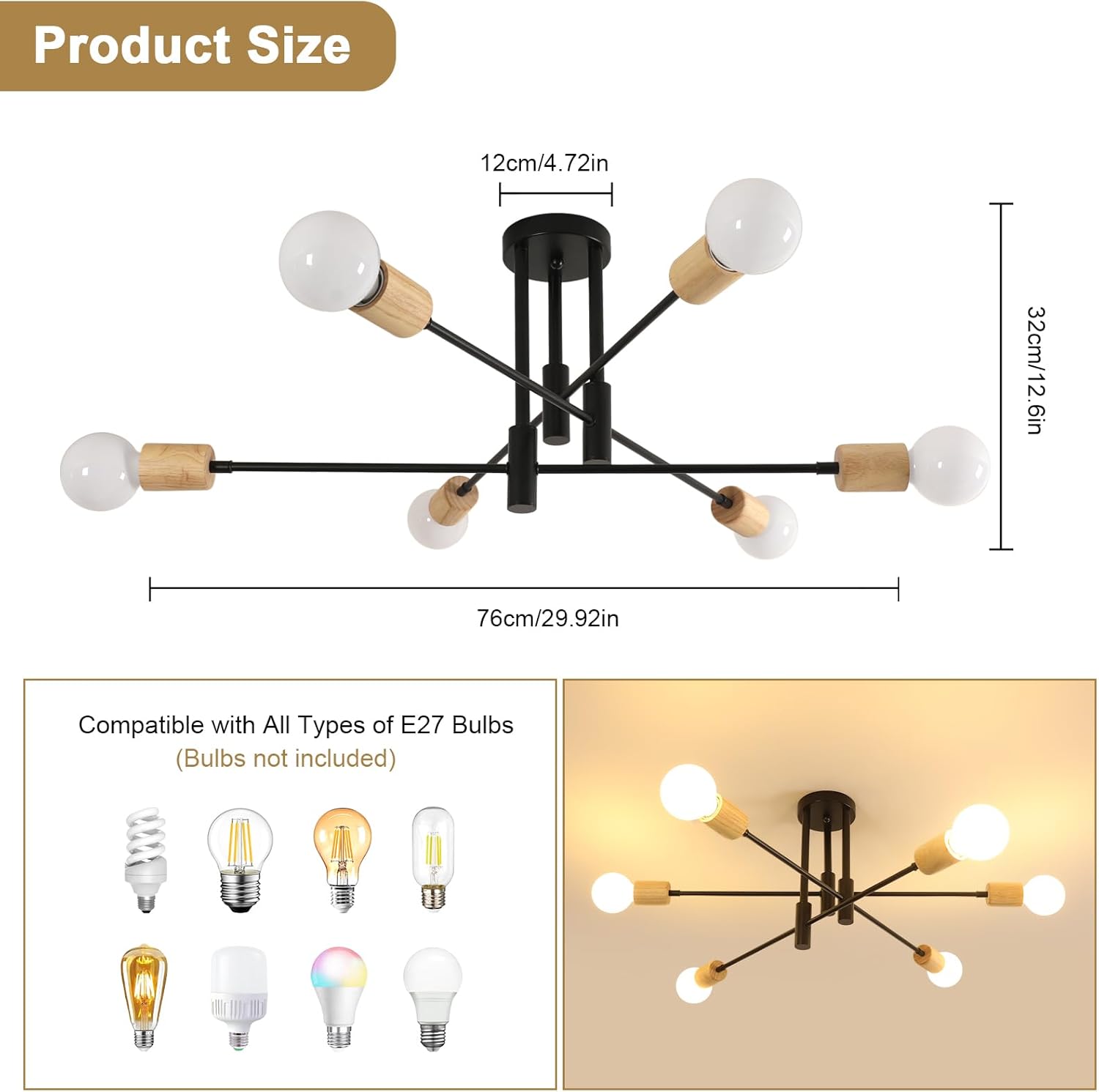 Ceiling Light - Black & Wood Metal Frame