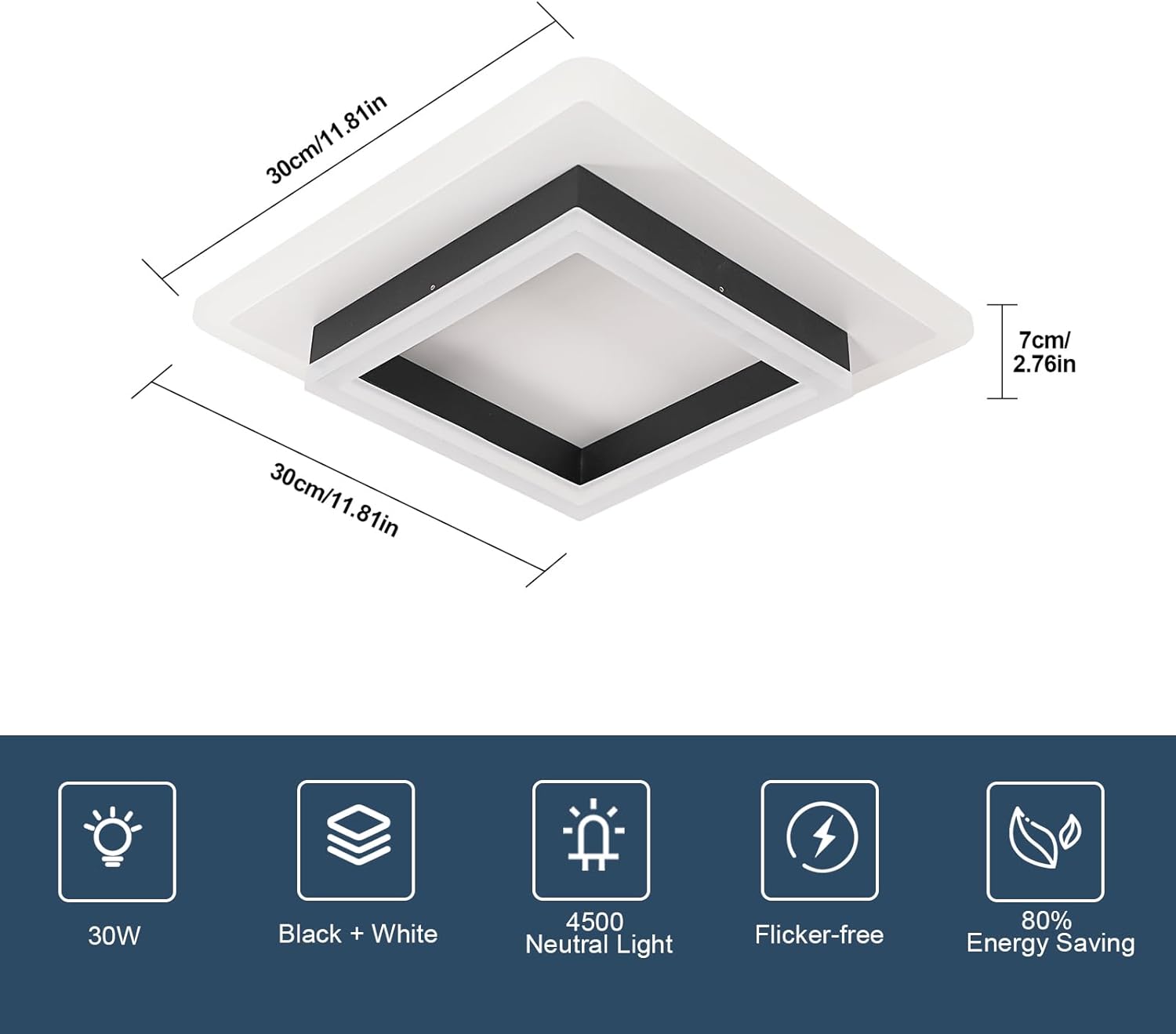 Ceiling Light - Black & White Acrylic Frame, Natural Light