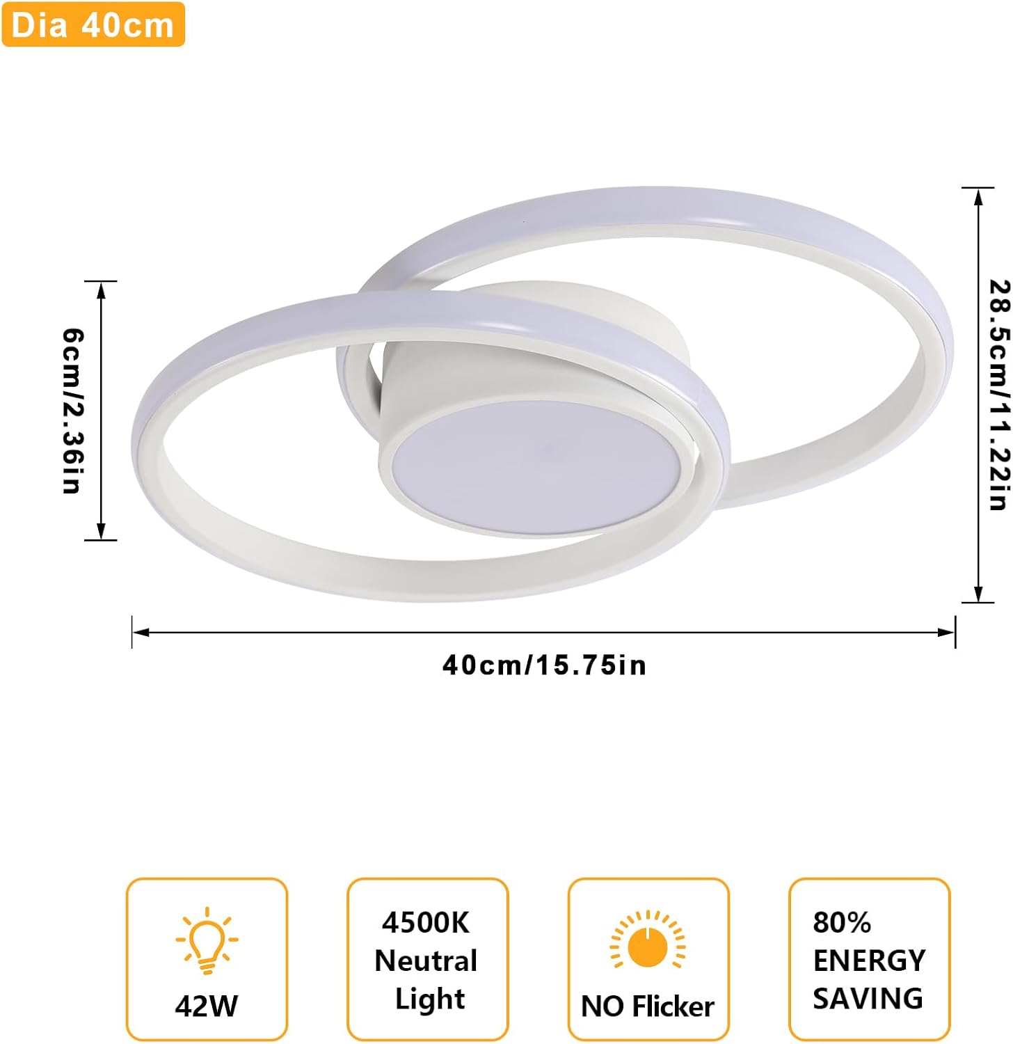 Comely Plafonnier LED, Rond Lampe de plafond 42W, Moderne Luminaire Plafonnier pour Couloir Coucher Salle de Bains Cuisine Salon, Lumière Naturelle 4500K, Longueur 40cm, Blanc