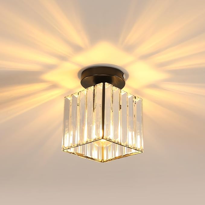 Comely Black Square Crystal Ceiling Light, Modern LED Ceiling Light with E27 Socket for Living Room, Bedroom, and Kitchen