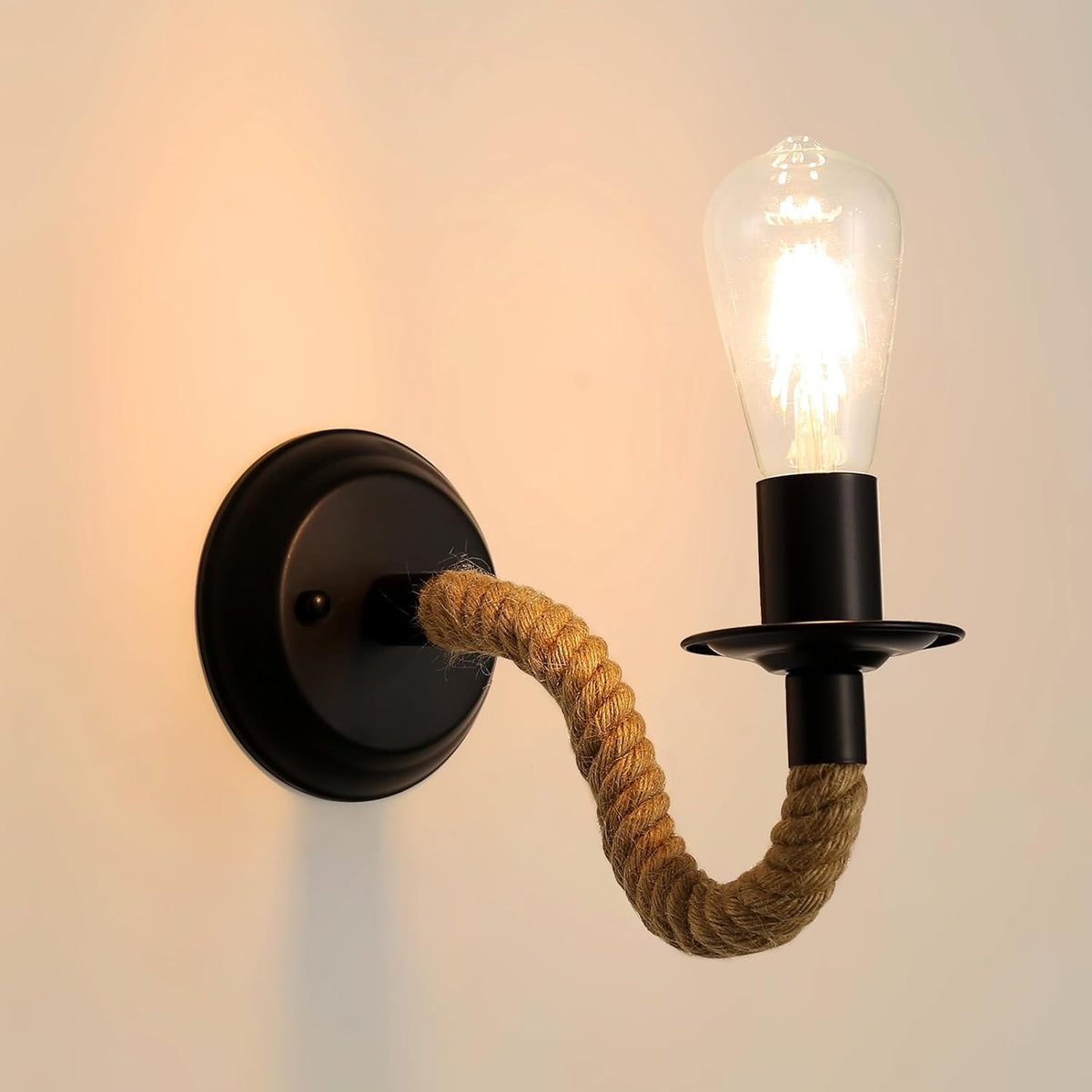 Comely Wandleuchte Retro, E27 Wandlampe aus Hanfseil Schwarz, Industrial Wandleuchte Innen f¨¹r Schlafzimmer, Wohnzimmer, Treppen, Flur (ohne Leuchtmittel)