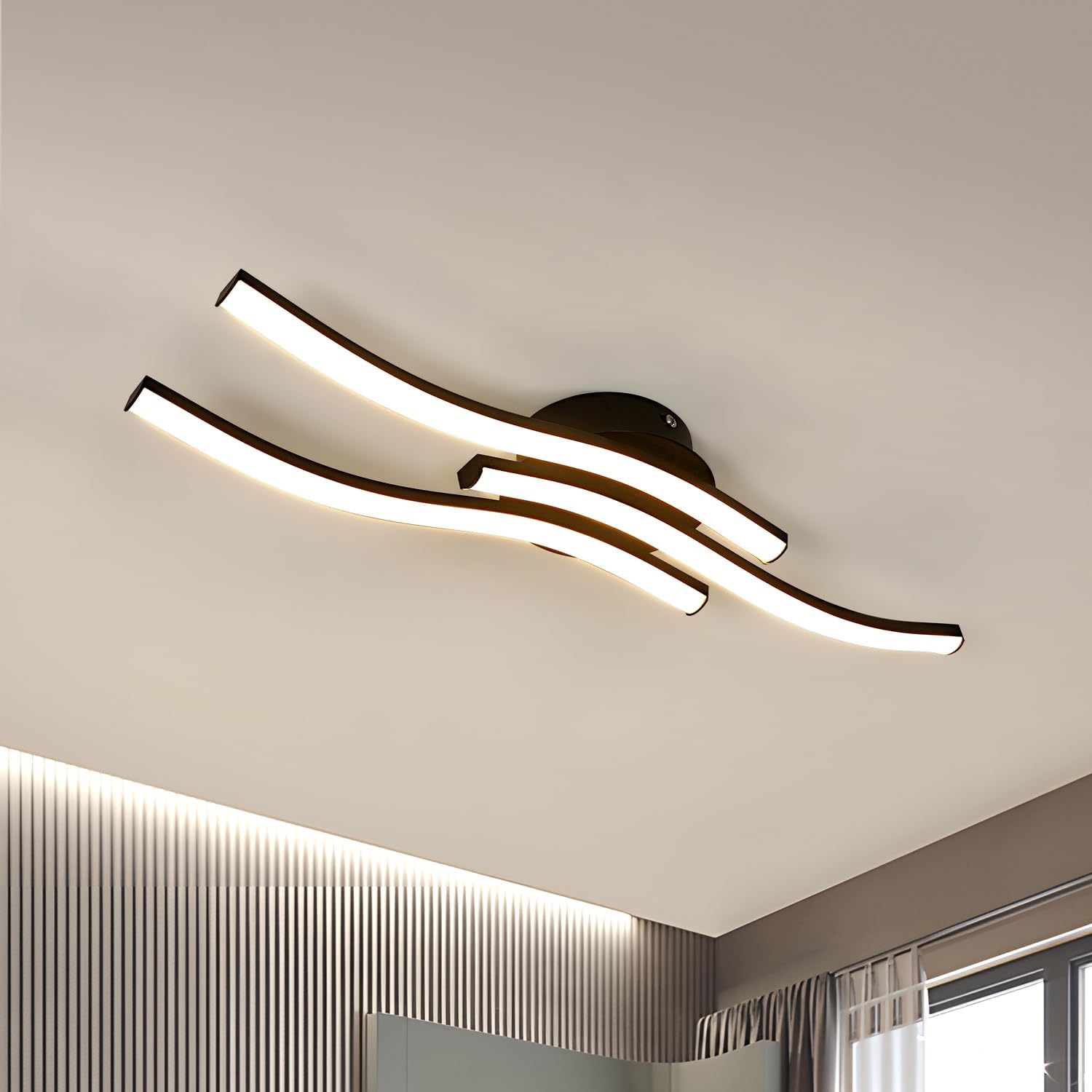 Comely Plafonnier LED, 3 Ondes Design 20W 2050LM Lampe de Plafond LED Moderne, Noir Luminaire Plafonnier LED Blanc Chaud 3000K pour Salon, Chambre, Cuisine, Couloir
