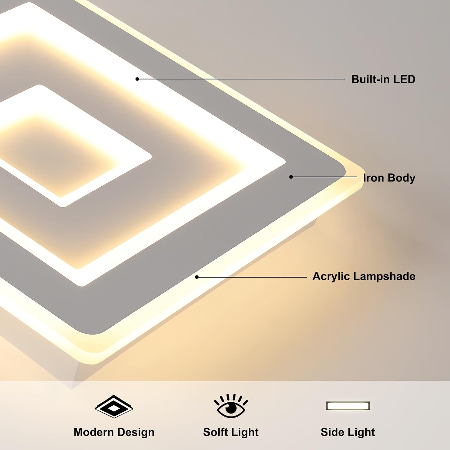 Ceiling Light - White Acrylic Frame, Warm Light