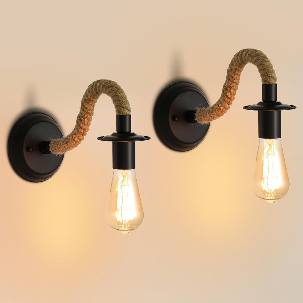 Comely 2Packs Applique Murale Vintage, Lampe Murale Corde de Chanvre, E27 Rétro Applique Murale Interieur pour Couloir Loft Chambre Café Bar (sans Ampoule)