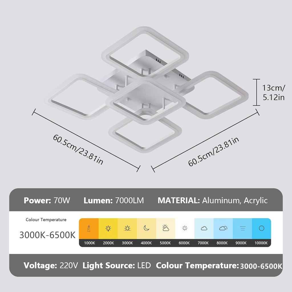 Comely Plafonnier LED Dimmable, Blanc 5 Carré 57W 6400LM Lampe de Plafond LED avec Télécommande 3000K-6500K, Luminaire Plafonnier Moderne pour Salon, Chambre, Salle à Manger
