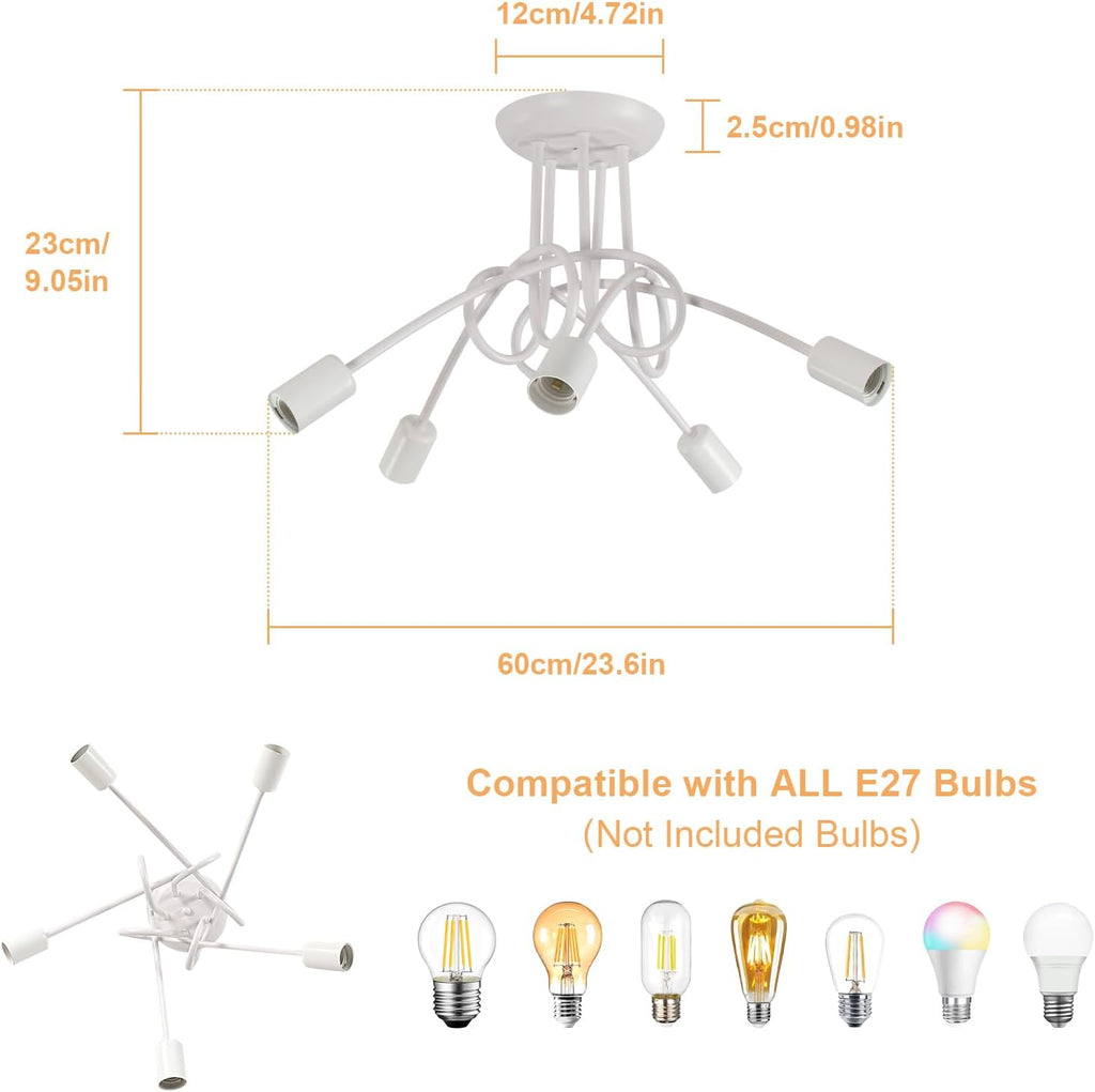 Industrial E27 Ceiling Light, 5-Light Metal Ceiling Lamp White, Creative Iron Chandelier for Bedroom Living Room Dining Room Hallway Kitchen, ?60cm (Bulb Not Included)