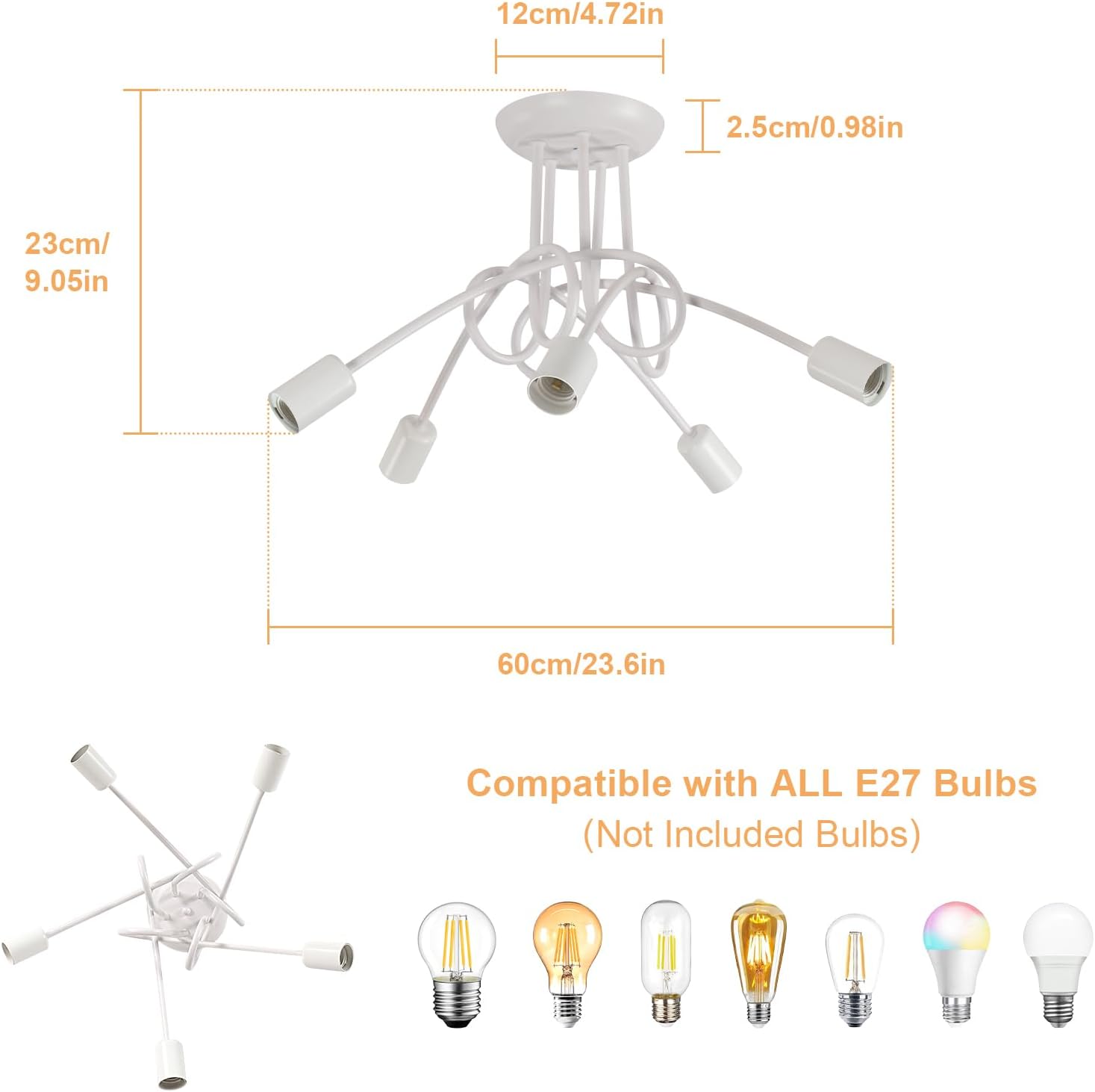 Industrial E27 Ceiling Light, 5-Light Metal Ceiling Lamp White, Creative Iron Chandelier for Bedroom Living Room Dining Room Hallway Kitchen, ?60cm (Bulb Not Included)