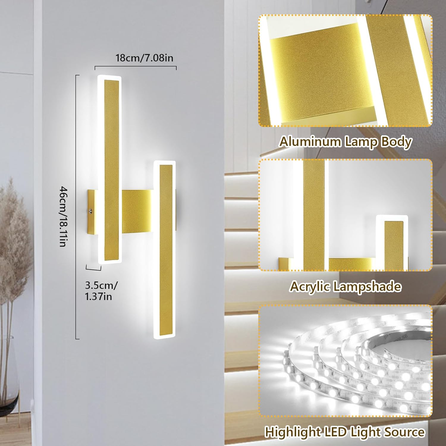 Applique - Cornice acrilica dorata, Luce bianca