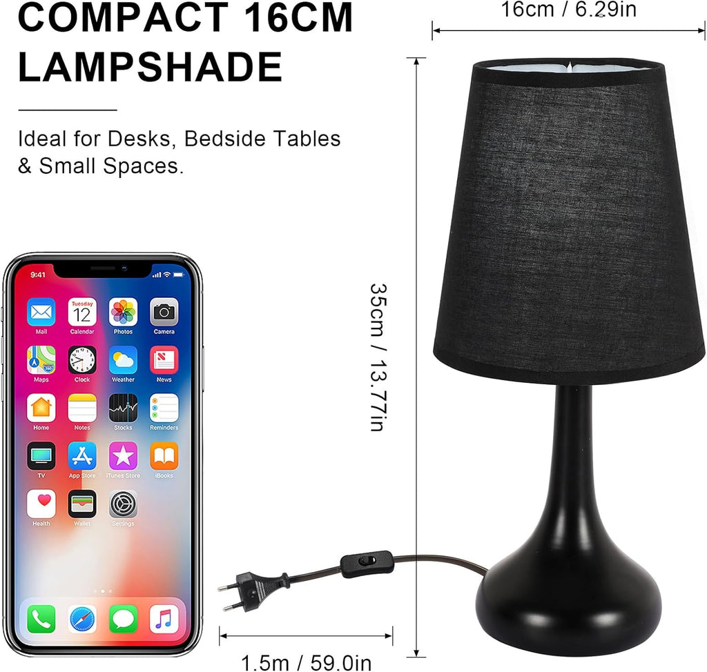 Comely Lampe de Table Rétro avec Abat-Jour en Tissu Noir – Lampe de Chevet Vintage E27, Câble 1,5 m avec Interrupteur, Lampe Décorative pour Chambre Salon Bureau