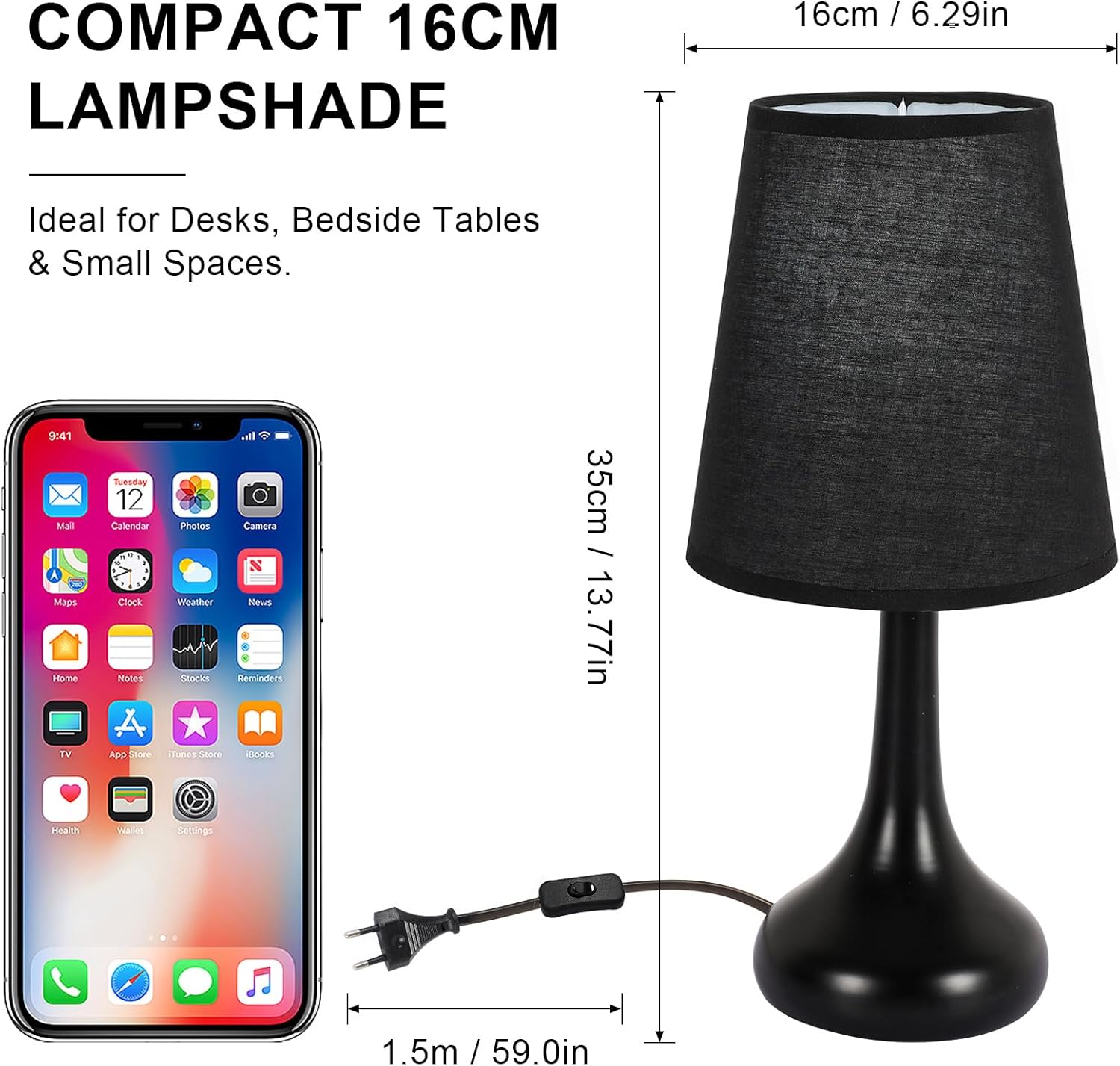Comely Lampe de Table Rétro avec Abat-Jour en Tissu Noir – Lampe de Chevet Vintage E27, Câble 1,5 m avec Interrupteur, Lampe Décorative pour Chambre Salon Bureau
