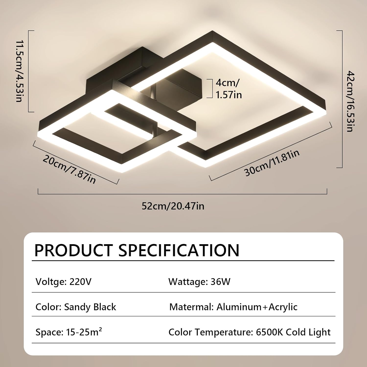 Ceiling Light - Black Acrylic Frame, Natural Light