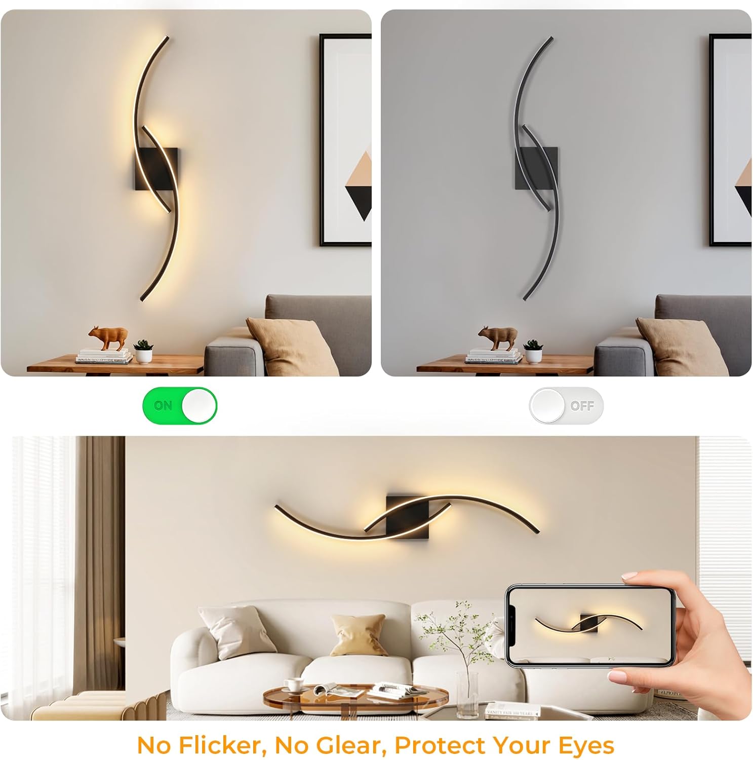 Comely Applique Murale Interieur, Moderne 80cm 27W Noir Lampe Murale LED pour Chambre à Coucher Salon, Lumière Chaude 3000k