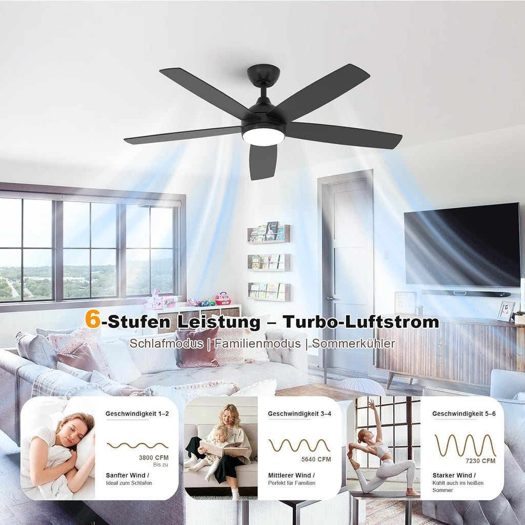 Ceiling Fan Light - Black Wood Frame, Tunable and Dimmable