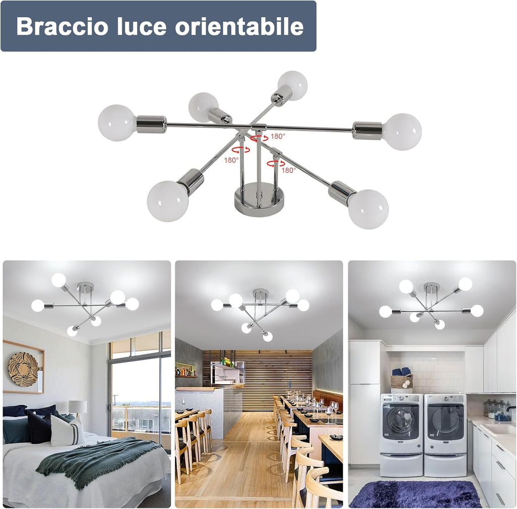 Comely Plafonnier Industriel, 6 Lumières E27 Lampe Suspension en Métal, Chrome Lampe de Plafond Rétro pour Salon, Chambre, Cuisine