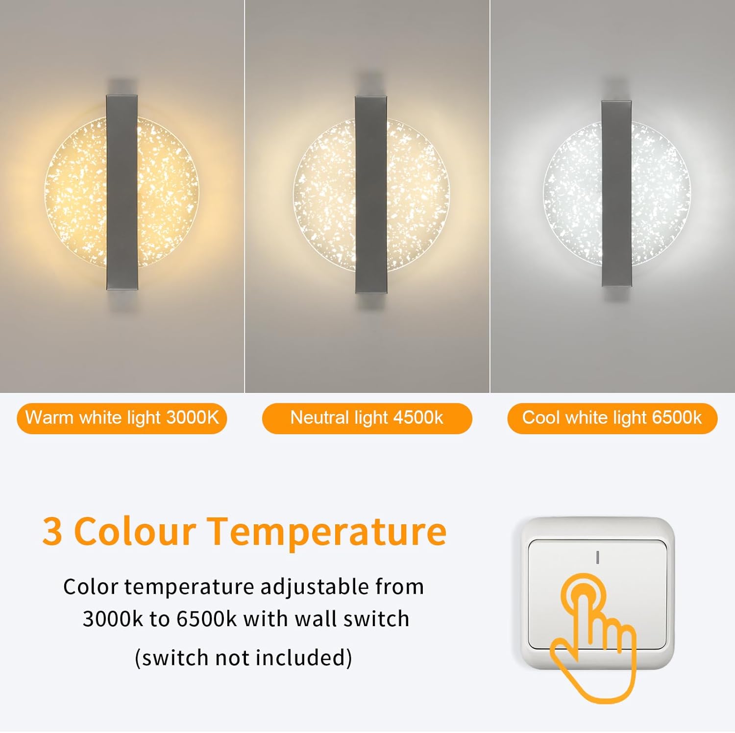 Comely Applique Murale LED Moderne, Argent 12W 3 Températures de Couleur 3000K/4500K/6500K Lampe Murale LED Pour Chambre à Coucher, Salon, Salle à Manger, Couloir, Escaliers