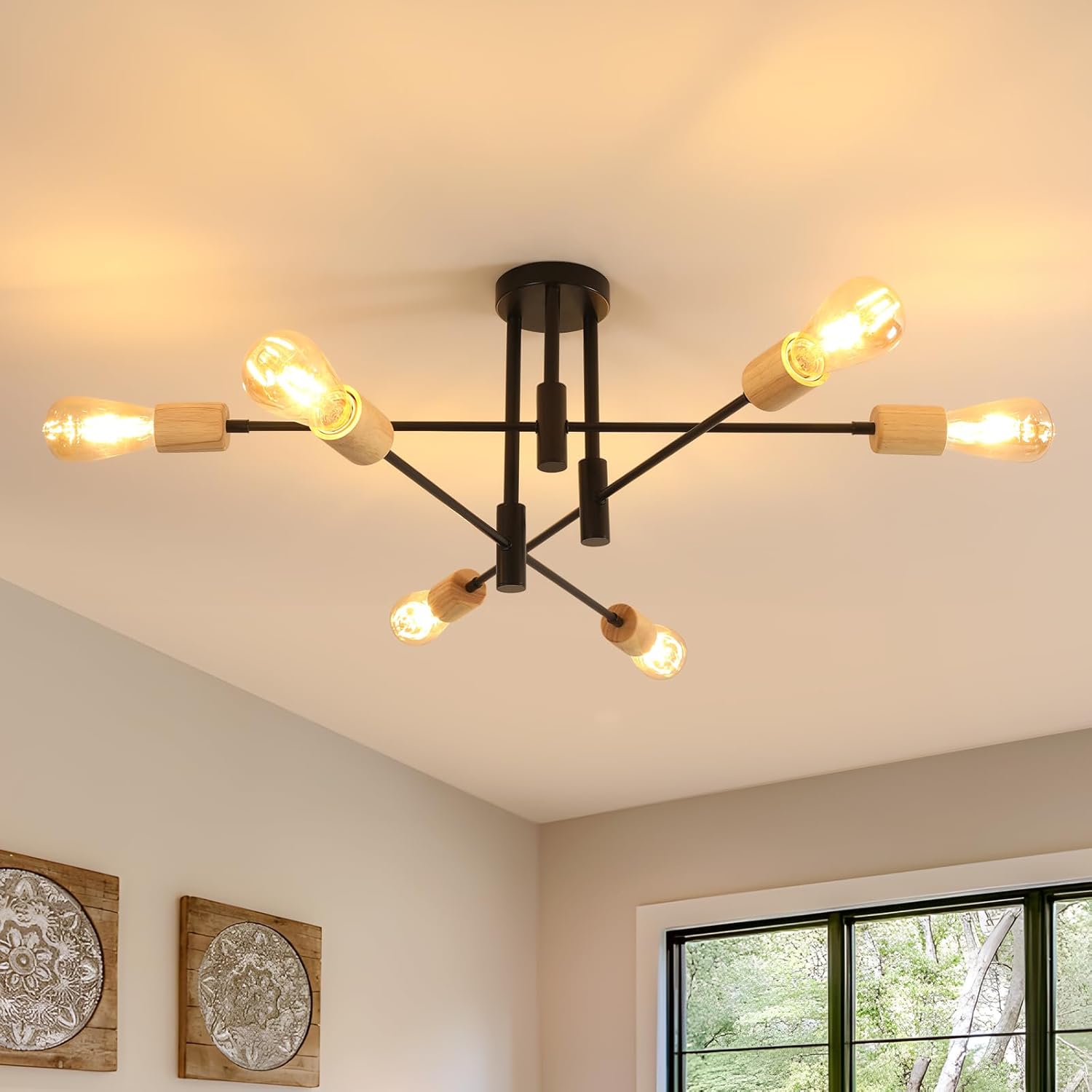 Ceiling Light - Black & Wood Metal Frame