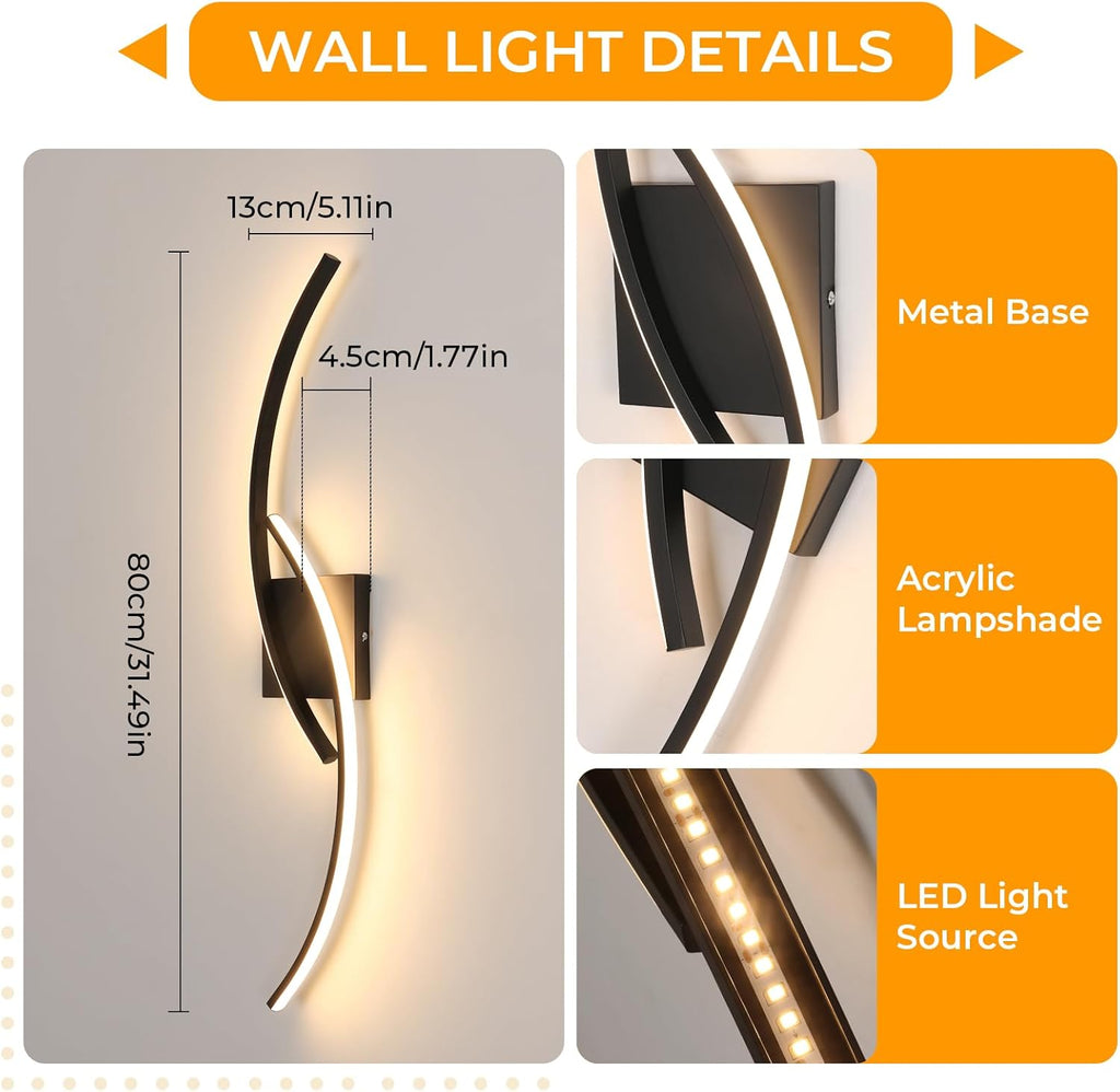 Comely Applique Murale Interieur, Moderne 80cm 27W Noir Lampe Murale LED pour Chambre à Coucher Salon, Lumière Chaude 3000k