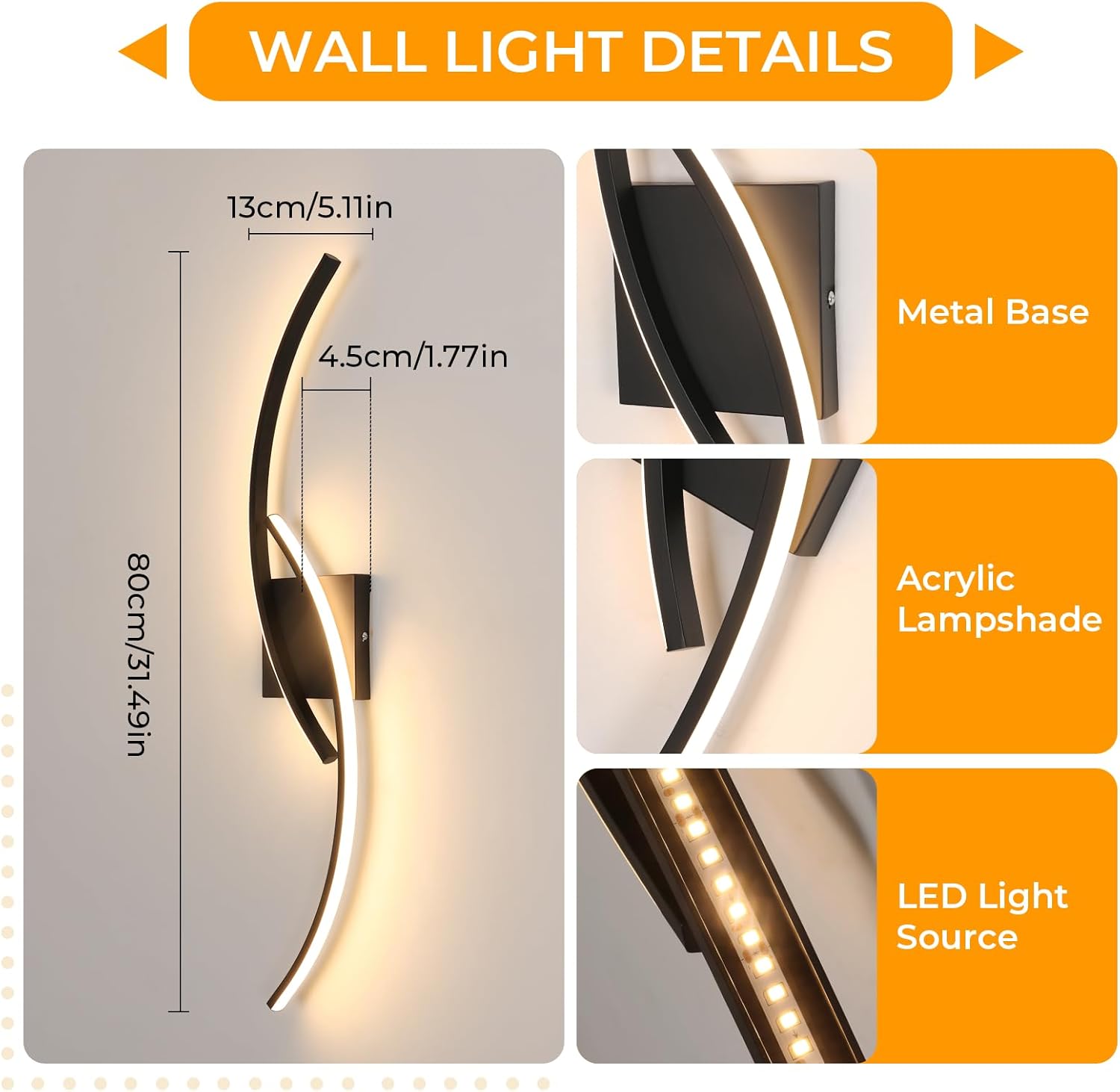 Comely Applique Murale Interieur, Moderne 80cm 27W Noir Lampe Murale LED pour Chambre à Coucher Salon, Lumière Chaude 3000k