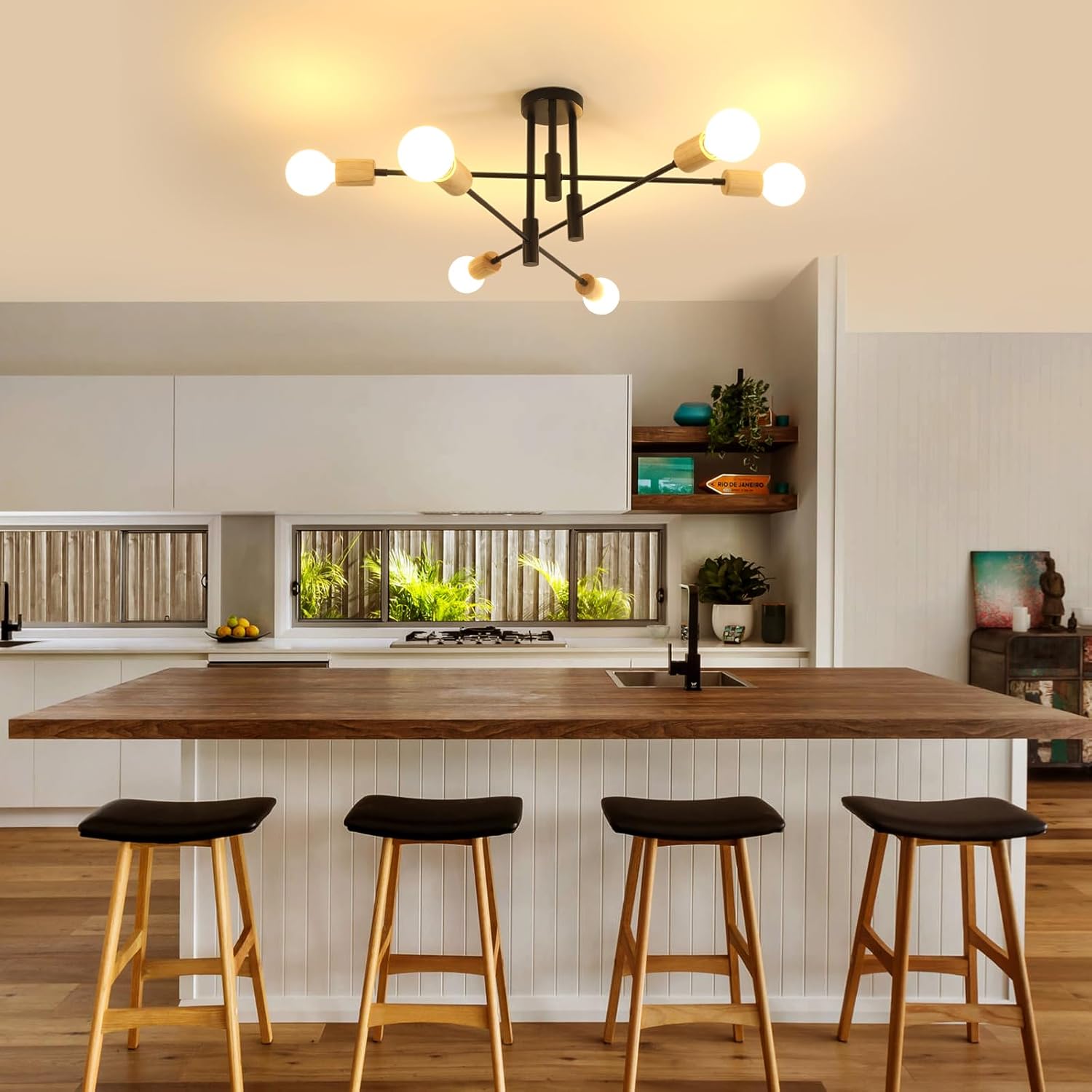 Ceiling Light - Black & Wood Metal Frame