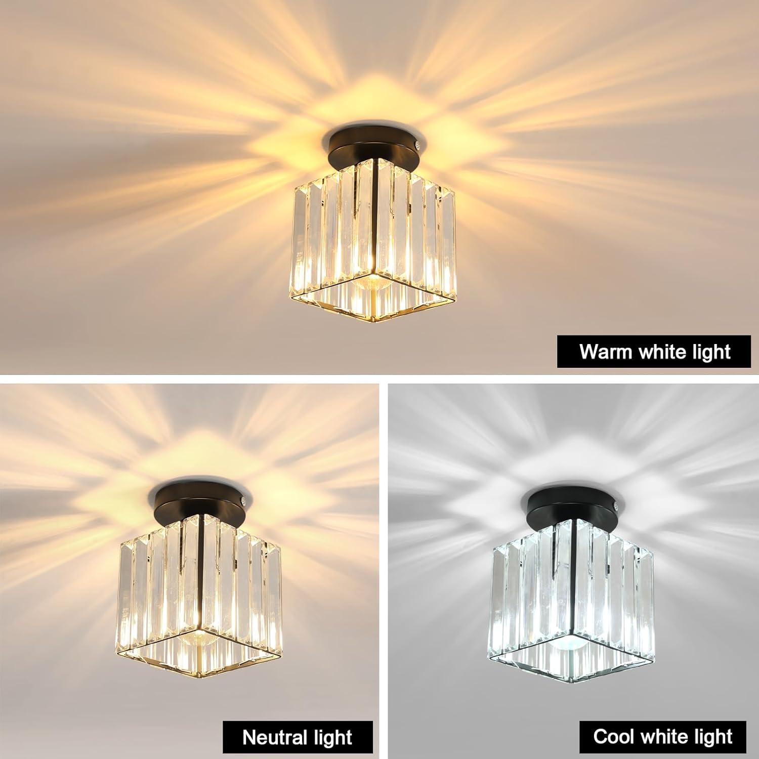 Comely Black Square Crystal Ceiling Light, Modern LED Ceiling Light with E27 Socket for Living Room, Bedroom, and Kitchen