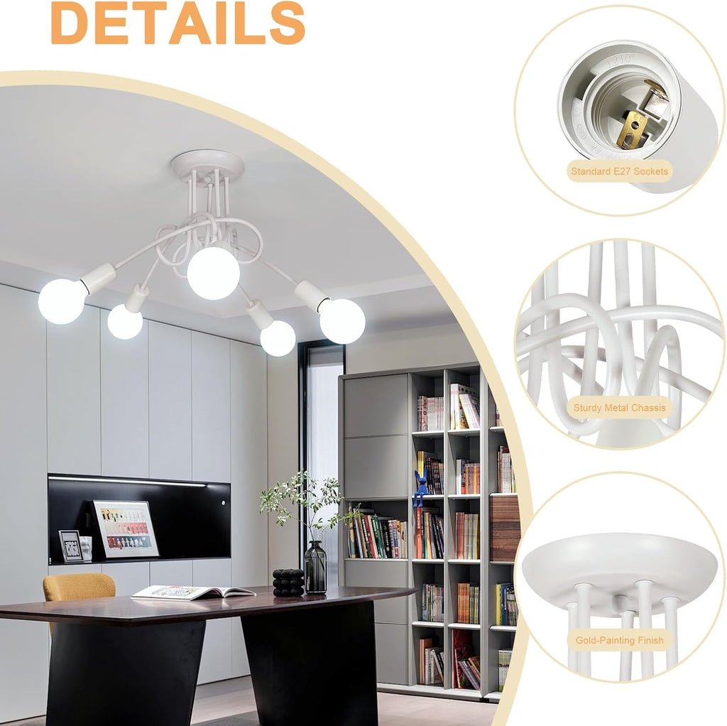 Industrial E27 Ceiling Light, 5-Light Metal Ceiling Lamp White, Creative Iron Chandelier for Bedroom Living Room Dining Room Hallway Kitchen, ?60cm (Bulb Not Included)