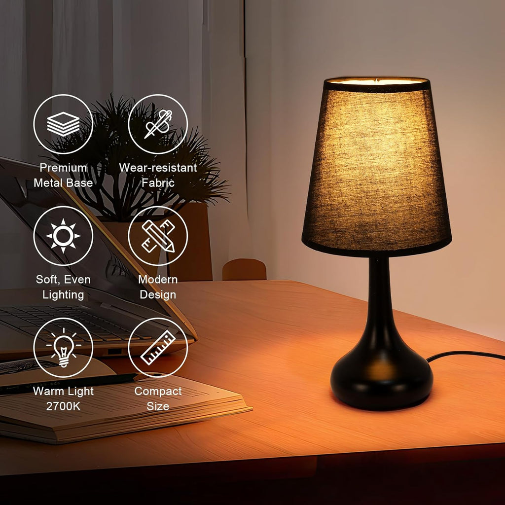 Comely Lampe de Table Rétro avec Abat-Jour en Tissu Noir – Lampe de Chevet Vintage E27, Câble 1,5 m avec Interrupteur, Lampe Décorative pour Chambre Salon Bureau