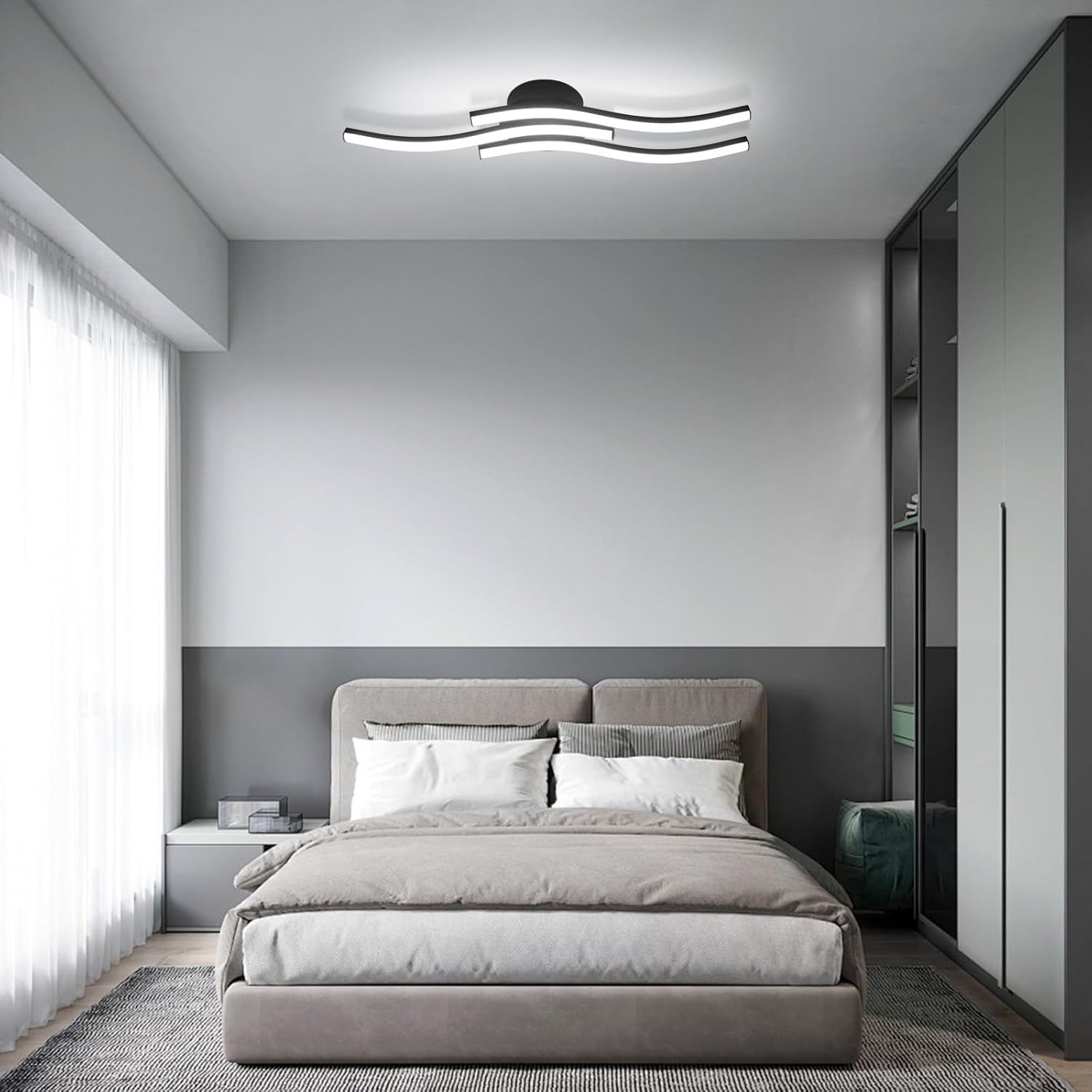 Comely Plafonnier LED, 3 Ondes Design 20W 2050LM Blanc Froid 6500K Lampe de Plafond Moderne, Noir Luminaire Plafonnier pour Salon, Chambre, Cuisine, Couloir, Noir