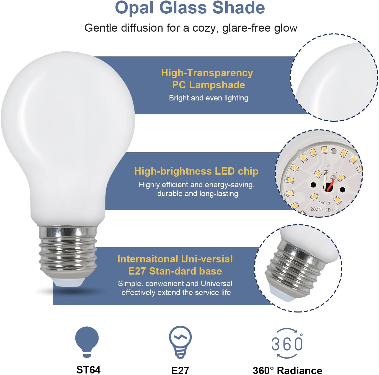 LED Light Bulbs - White Glass Frame, Warm Light