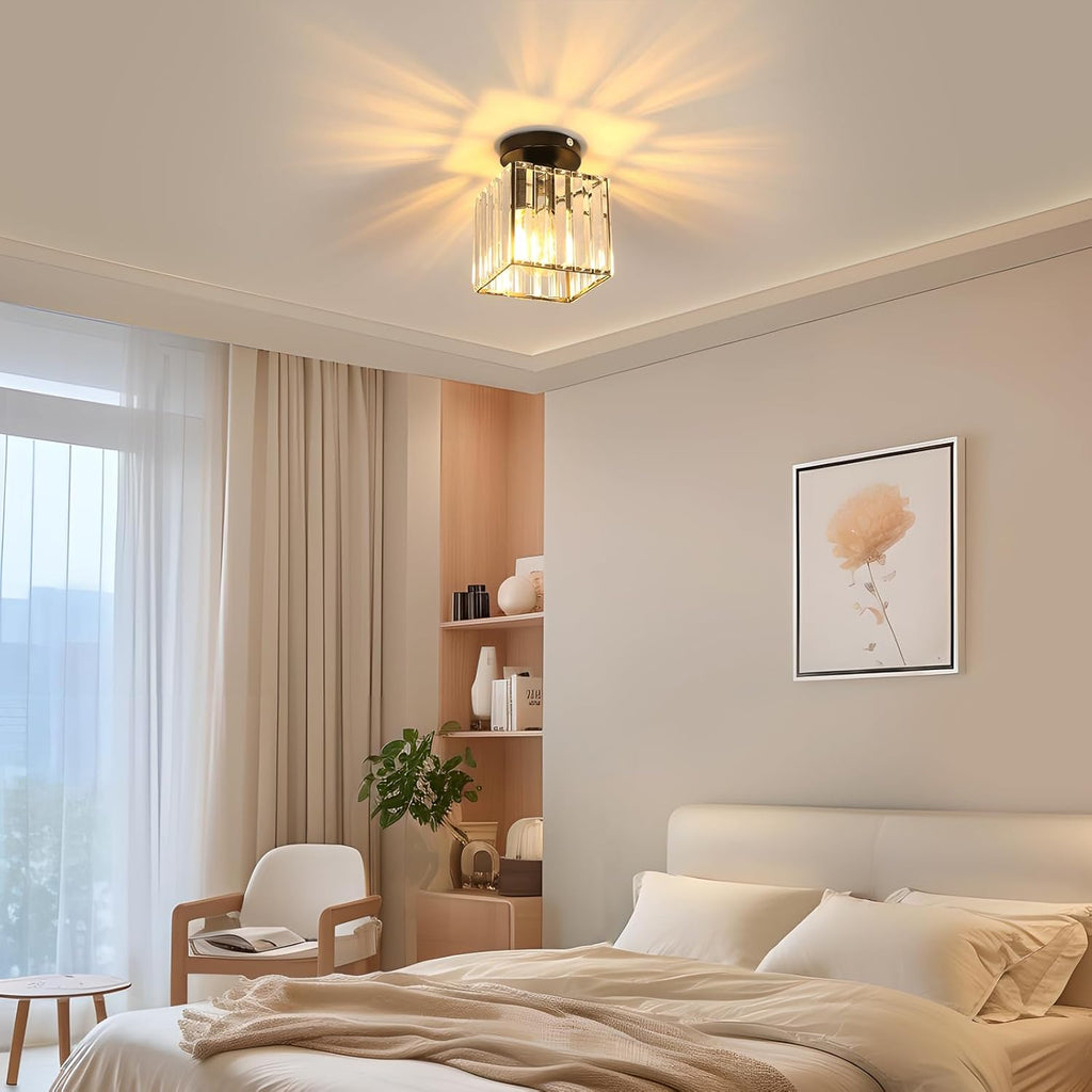 Comely Black Square Crystal Ceiling Light, Modern LED Ceiling Light with E27 Socket for Living Room, Bedroom, and Kitchen