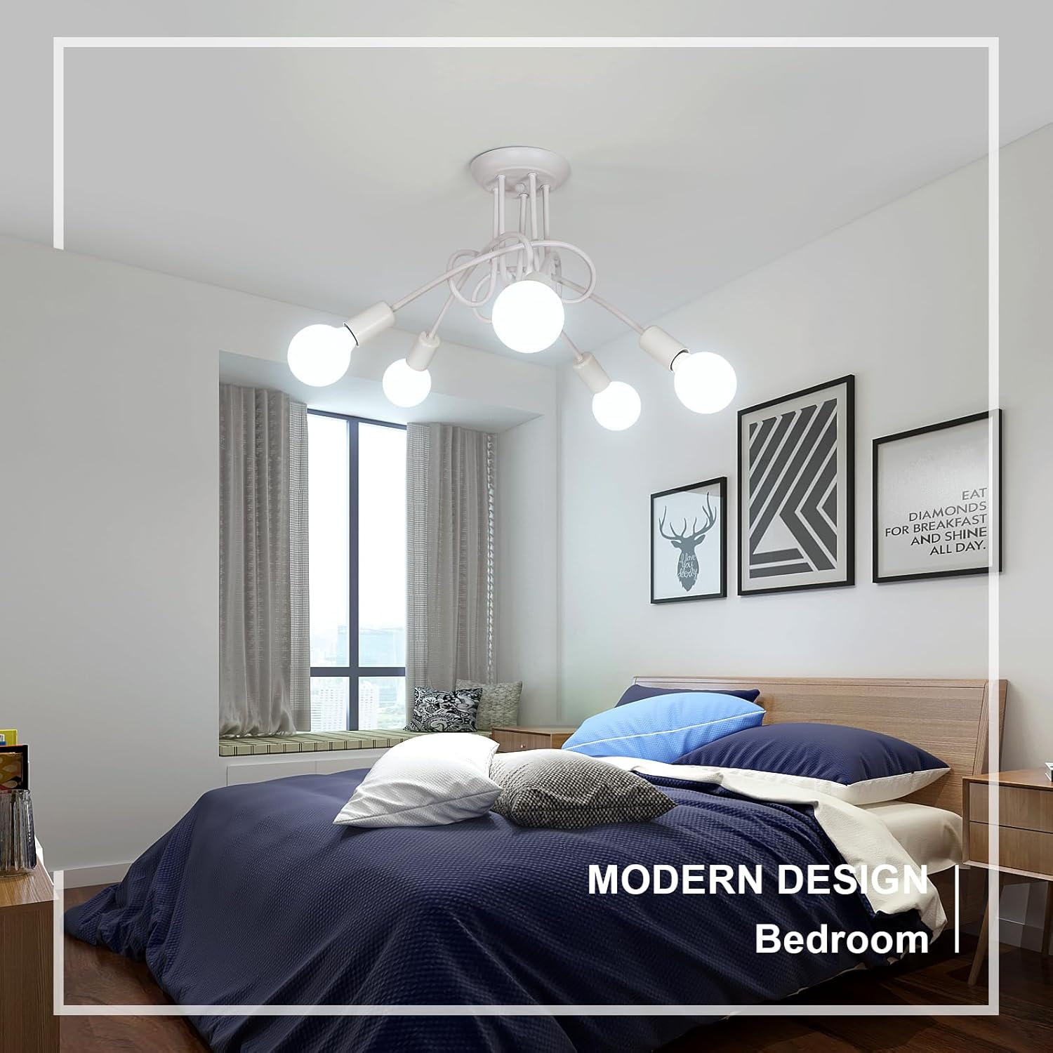 Industrial E27 Ceiling Light, 5-Light Metal Ceiling Lamp White, Creative Iron Chandelier for Bedroom Living Room Dining Room Hallway Kitchen, ?60cm (Bulb Not Included)