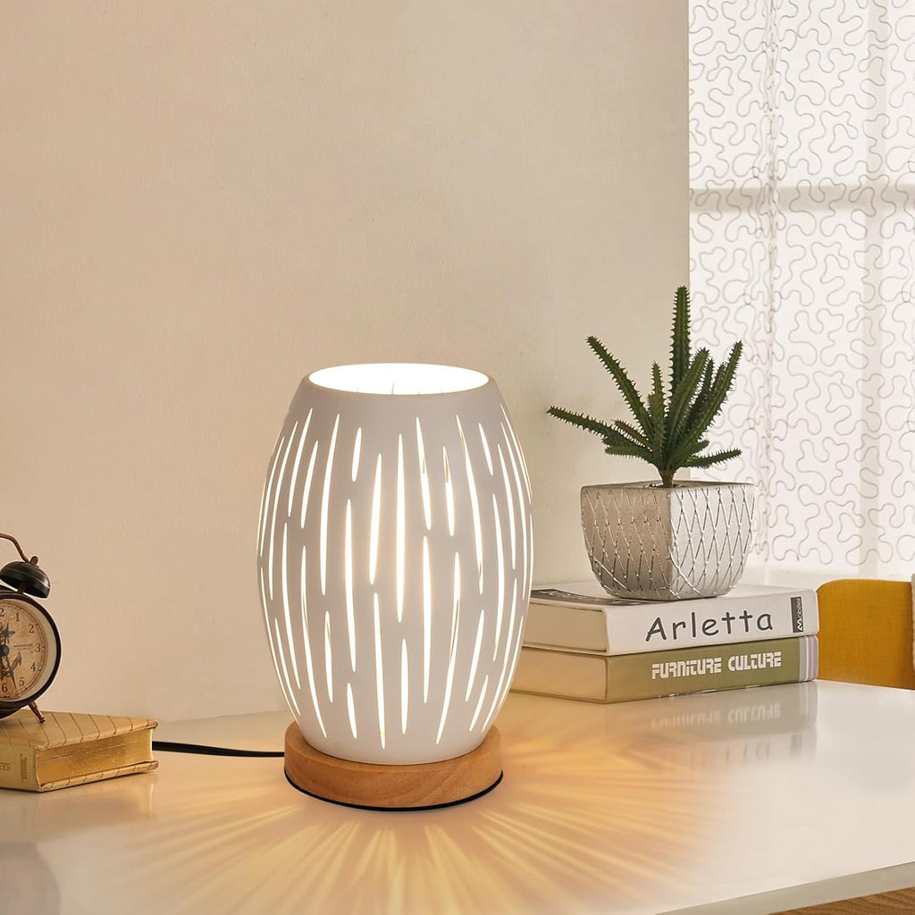 Comely Lampe de Table de Chevet pour Salon de Chambre, Blanc Base de Cage Métal Moderne en Bois E27 Petite Lumière Décorative Latérale d'intérieur (Ampoule Non Incluse) (Classe énergétique E