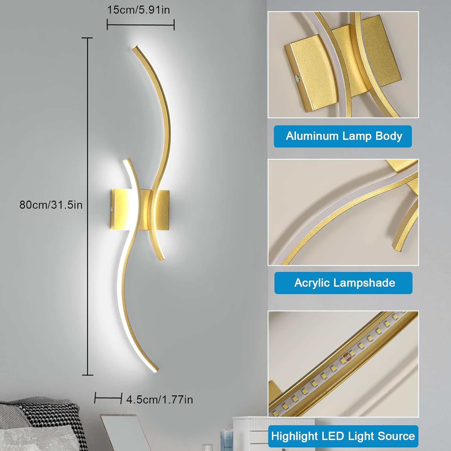 Wall Light - Gold Aluminium Frame, White Light