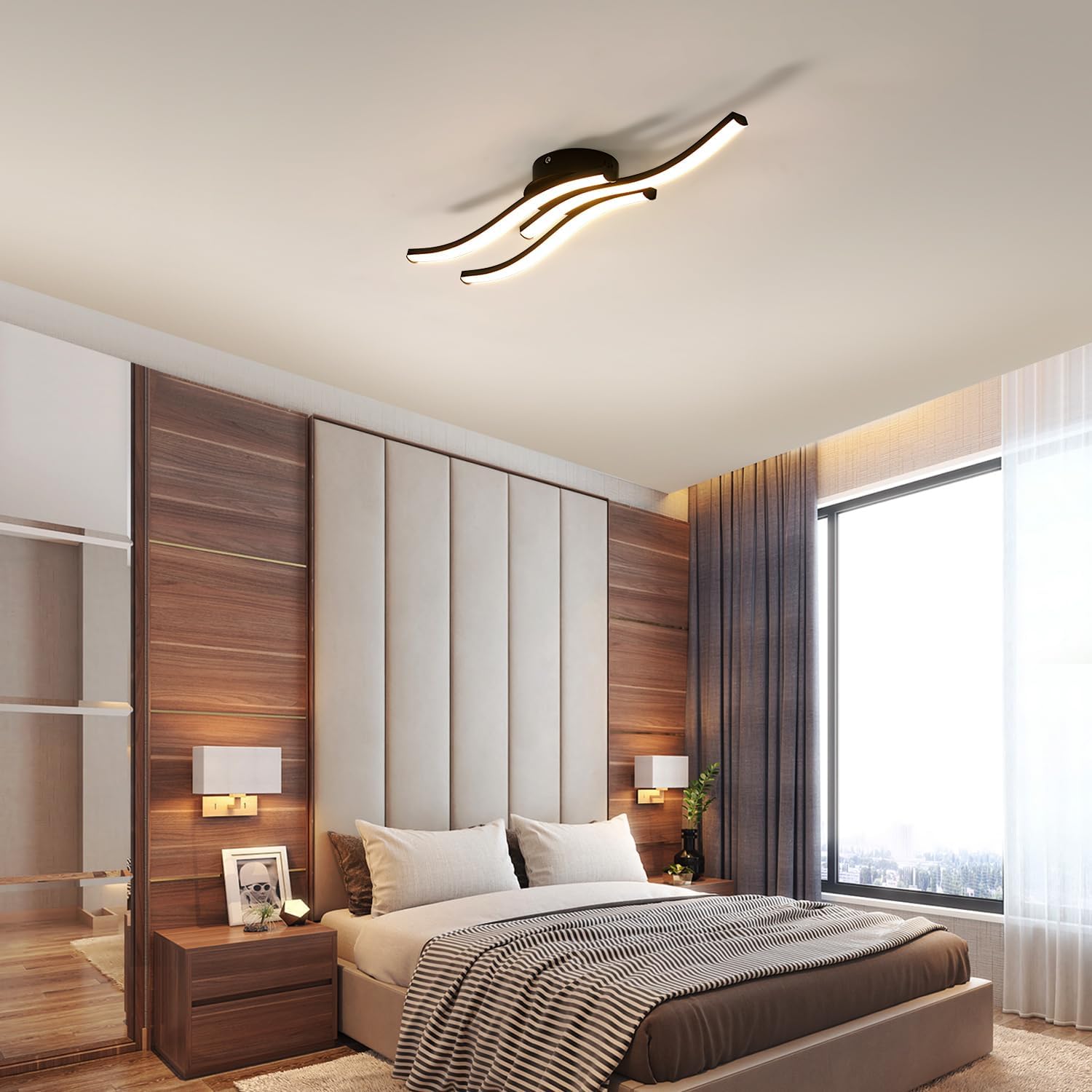 Comely Plafonnier LED, 3 Ondes Design 20W 2050LM Lampe de Plafond LED Moderne, Noir Luminaire Plafonnier LED Blanc Chaud 3000K pour Salon, Chambre, Cuisine, Couloir