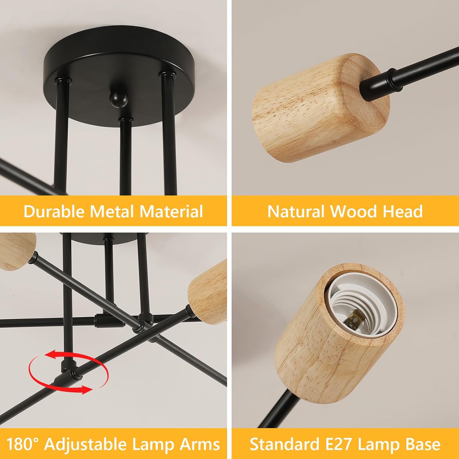 Ceiling Light - Black & Wood Metal Frame