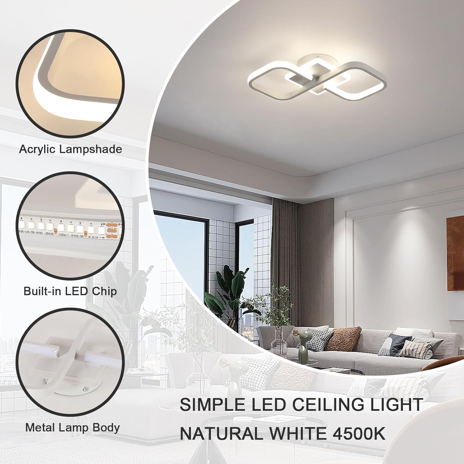 Comely Plafonnier LED, 36W 4000LM Lampe de Plafond Carré, Blanc Luminaire Plafonnier Moderne Acrylique pour Couloir Salle de Bains Cuisine Salon, Lumière Naturelle 4500K