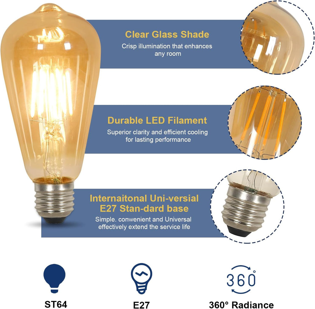 LED Light Bulbs - Amber Glass Frame, Warm Light
